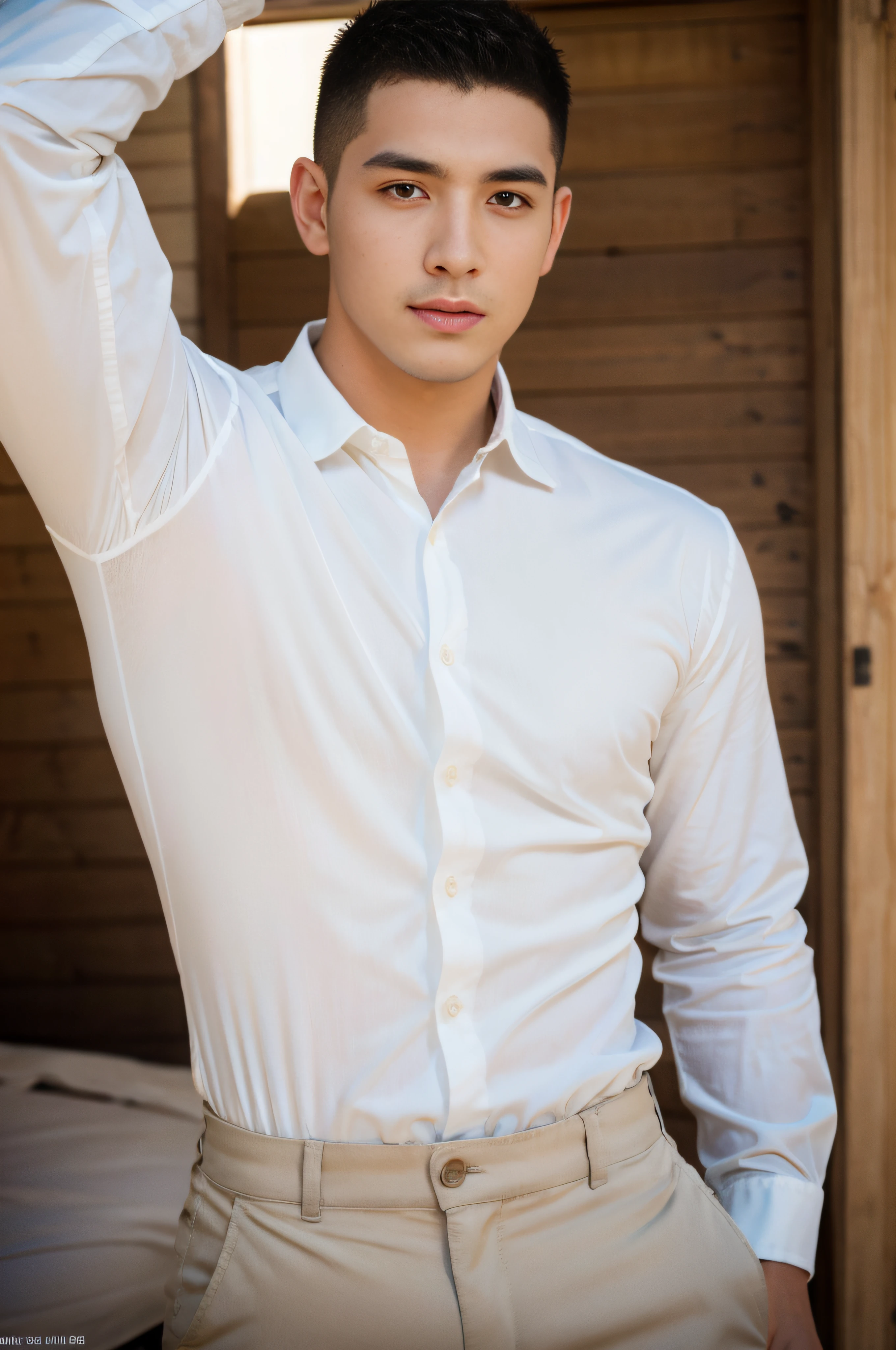 Realistic, ((Masterpiece)), ((Best quality)), (Detailed), Cinematic, Dynamic lighting, soft shade, Detailed background, Professional photography, Depth of field, Intricate, Detailed face, Subsurface scattering, photo-realistic hair, Realistic eyes, Muscular, Manly, buzz cut,Handsome photo (Latino men), Mecha 4RMOR, White color blouse, Glowing, Dynamic pose, Desert background,stubbles, Pants,The crotch is raised