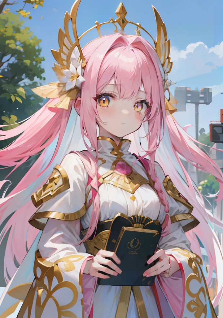 Long pink and white hair,Pink-white wings,Deep yellow pupils,Decorated in brilliant gold,Soft clothes with white and yellow,She is a cute and sweet beautiful girl