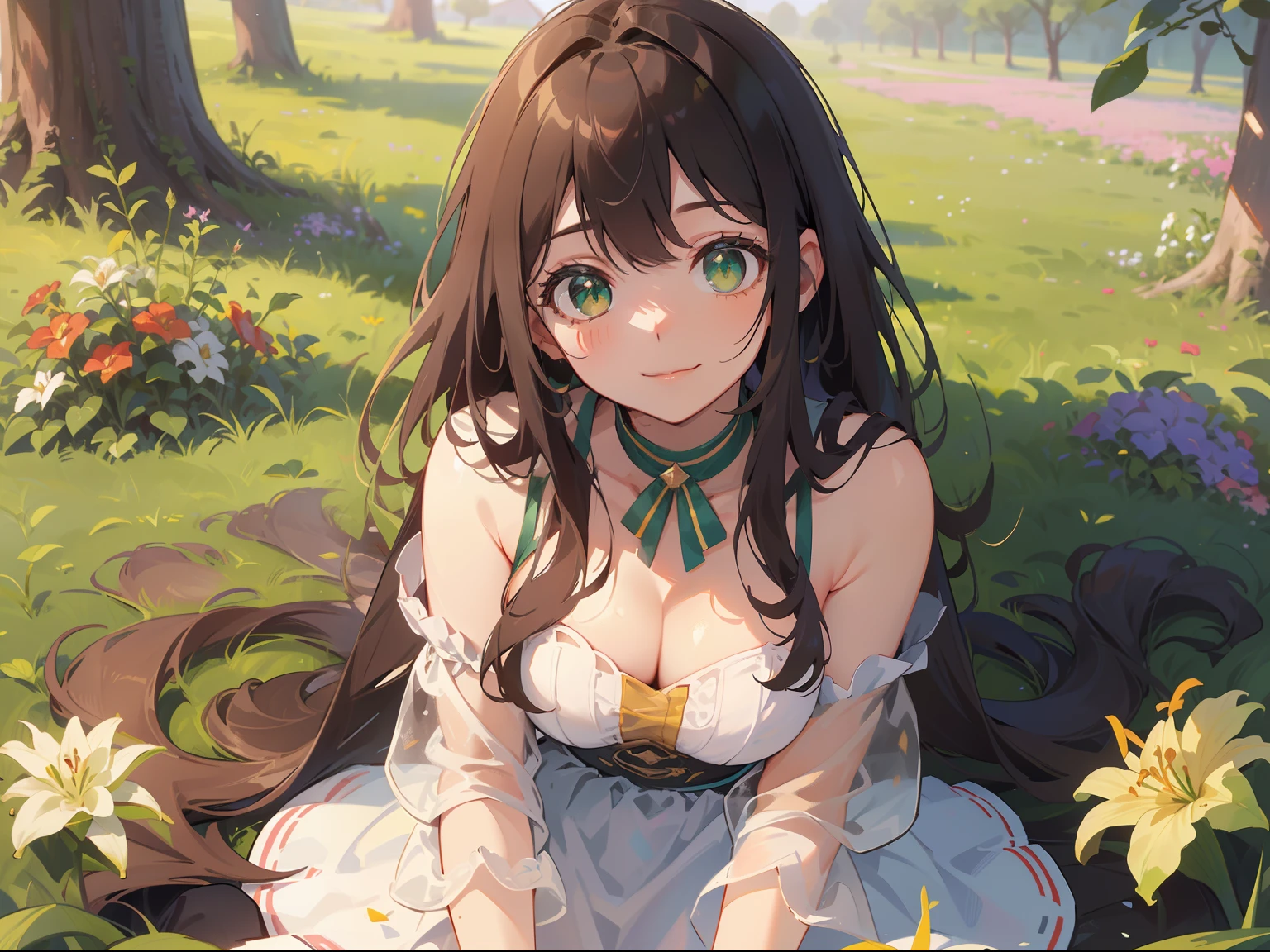 (masterpiece), (best quality), ultra high res, sharp focus, ((1 woman, solo)), upper body, dutch angle, beautiful detailed hair, chestnut brown hair, long hair tumbles down, beautiful detailed face, ((beautiful shape eyes, green eyes)), perfect feminine face, look at the viewer, smiles, feminine light outfit, in the meadow of lily flowers, sitting on the ground