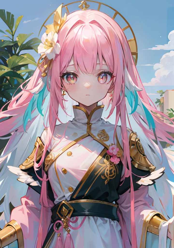 Long pink and white hair,Pink-white wings,Deep yellow pupils,Decorated in brilliant gold,Soft clothes with white and yellow,She is a cute and sweet beautiful girl