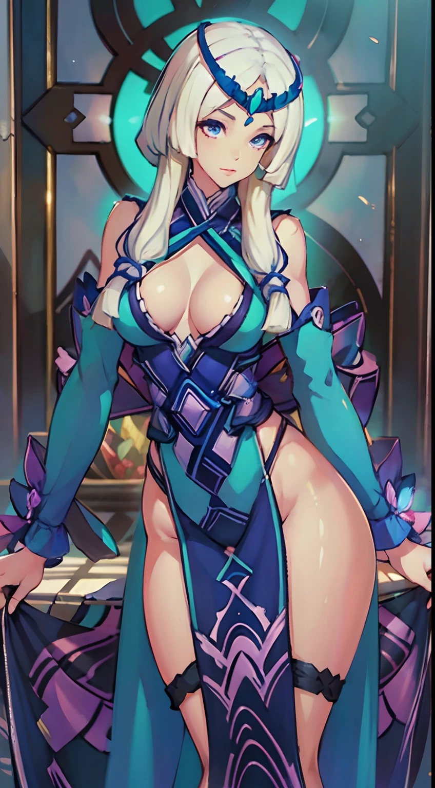 Nsfw, sensual lingerie, Medias blancas de tirantes, Mirando a Viewert, Figura tetona, Fleshy feeling, sudar profusamente, Detalles perfectos, High-resolution fine textures, Efecto profundidad de campo, Bright lighting effects, Contraste de luz y sombra, Trazado de rayos y efectos de destellos, Mejor textura, Futurismo, Genre painting