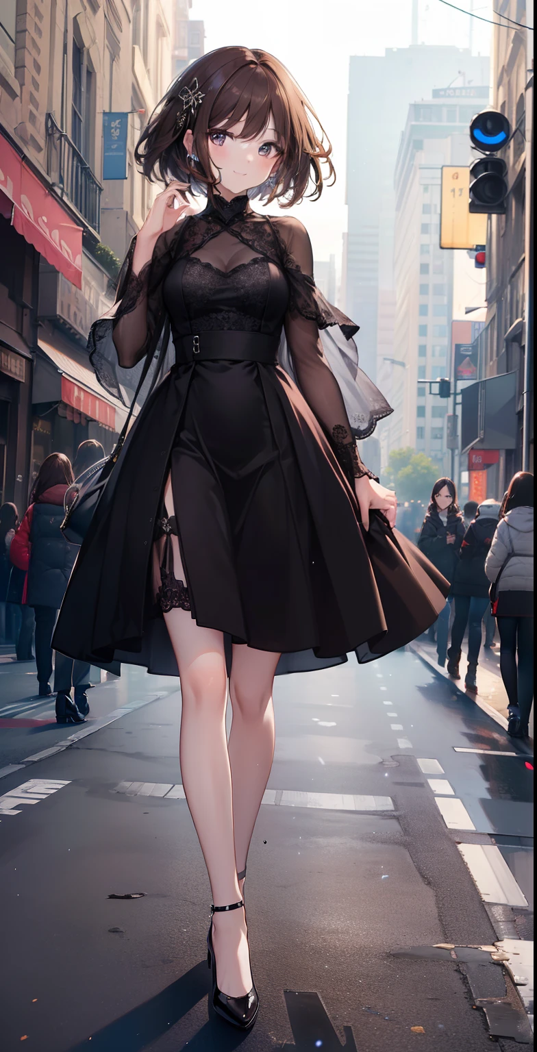 ((Best Quality, 8k, Masterpiece :1.3)), 1girl, smiling, full body, slim face, beautiful woman, (dark brown hair), full length dress: 1.1, ultra-detailed face, detailed eyes, double eyelid, blurred background, thin face, city, outside, street,