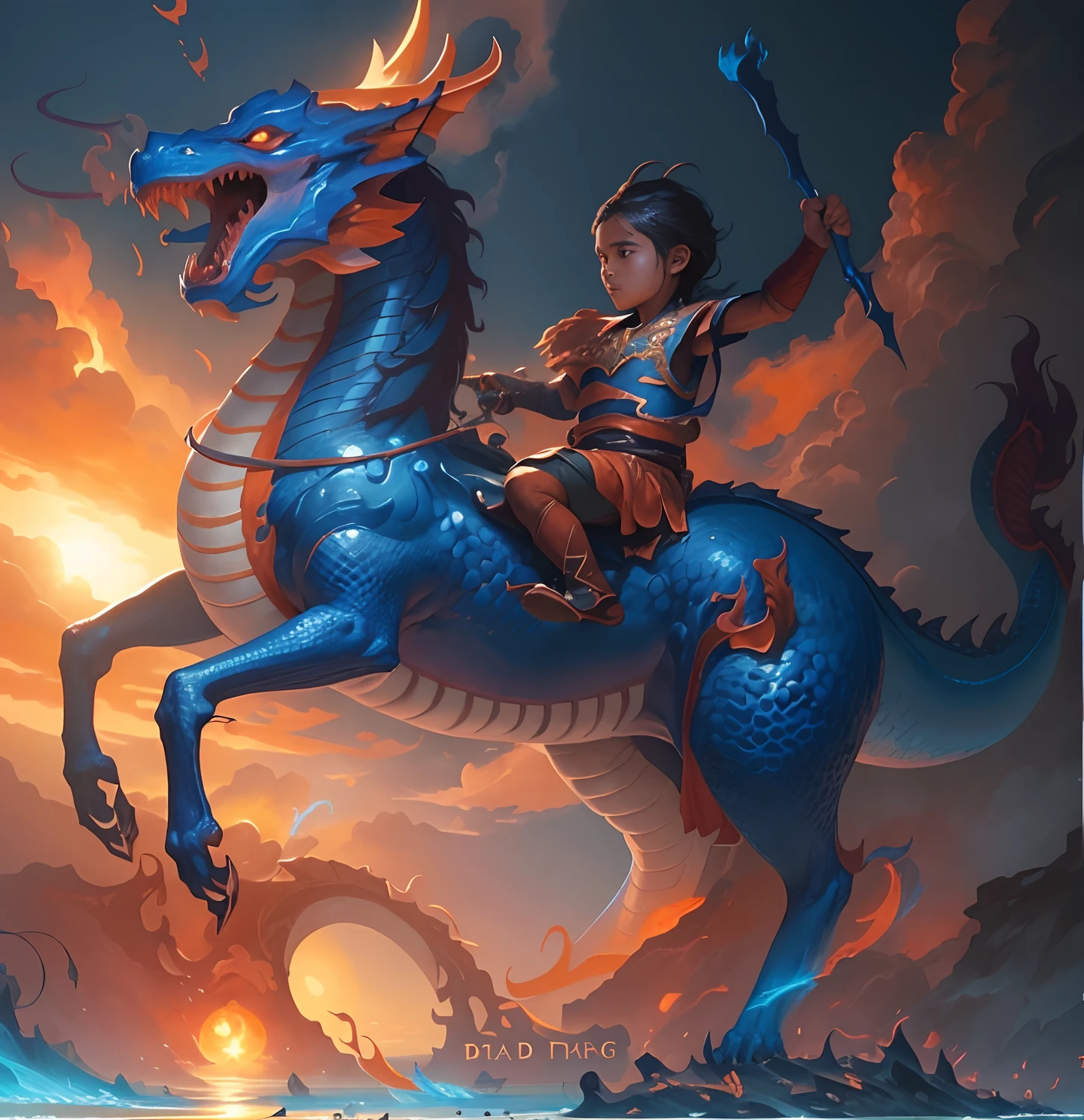 Close-up of a child riding a blue dragon on the beach with orange sun, Dragon Rider, epic fantasy digital art style, Dragon Ride, by Yang J, Rob Ray, epic fantasy art style, Epic Fantasy Illustration, By Jeremy Chong, tithi luadthong, Ross Tran and Michael Whelan, fantasy art behance, by Bayard Wu, by Ryan Yee