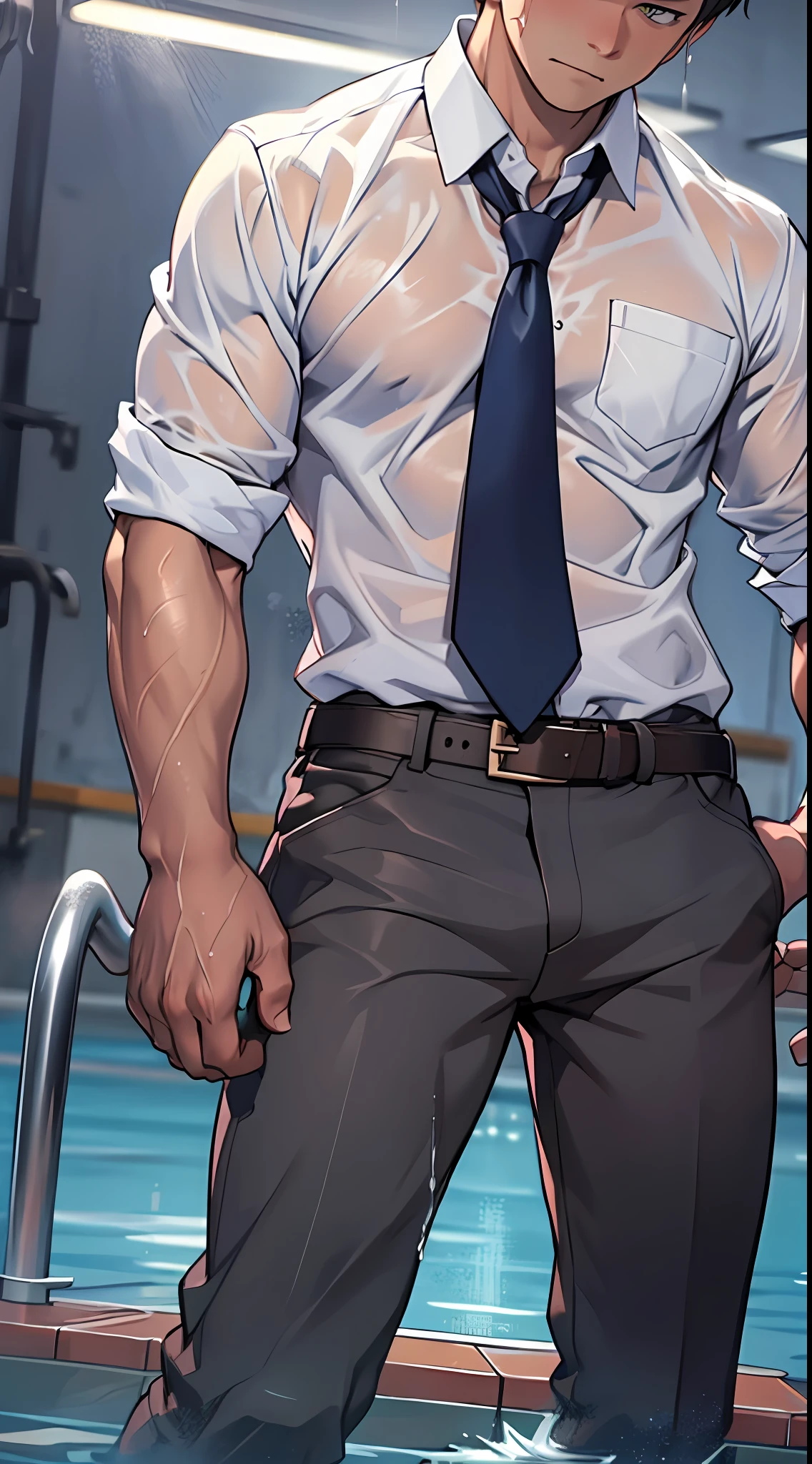 （1 Adult male），A high resolution， Sharp focus， Pixiv masterpiece， （（Complicated details））， highly  detailed， natsuki_subaru， 1 man，perfect male figure，Urine on the trouser leg， Nervously bow your head，is shy，embarressed，exhilarated，is shocked，panicking，worry，A pool of urine formed around him，Very eager to pee，Unbearable，Wet yourself，Urine discharge，full bodyesbian，Kneel，Tired，decadent， blue color eyes（eyes glowing）， Short yellow hair，white  shirt，Wear a tie，Wear a belt，trousers，perspire，Drenched，Get wet，pissing，urine flows down the pants，look from down