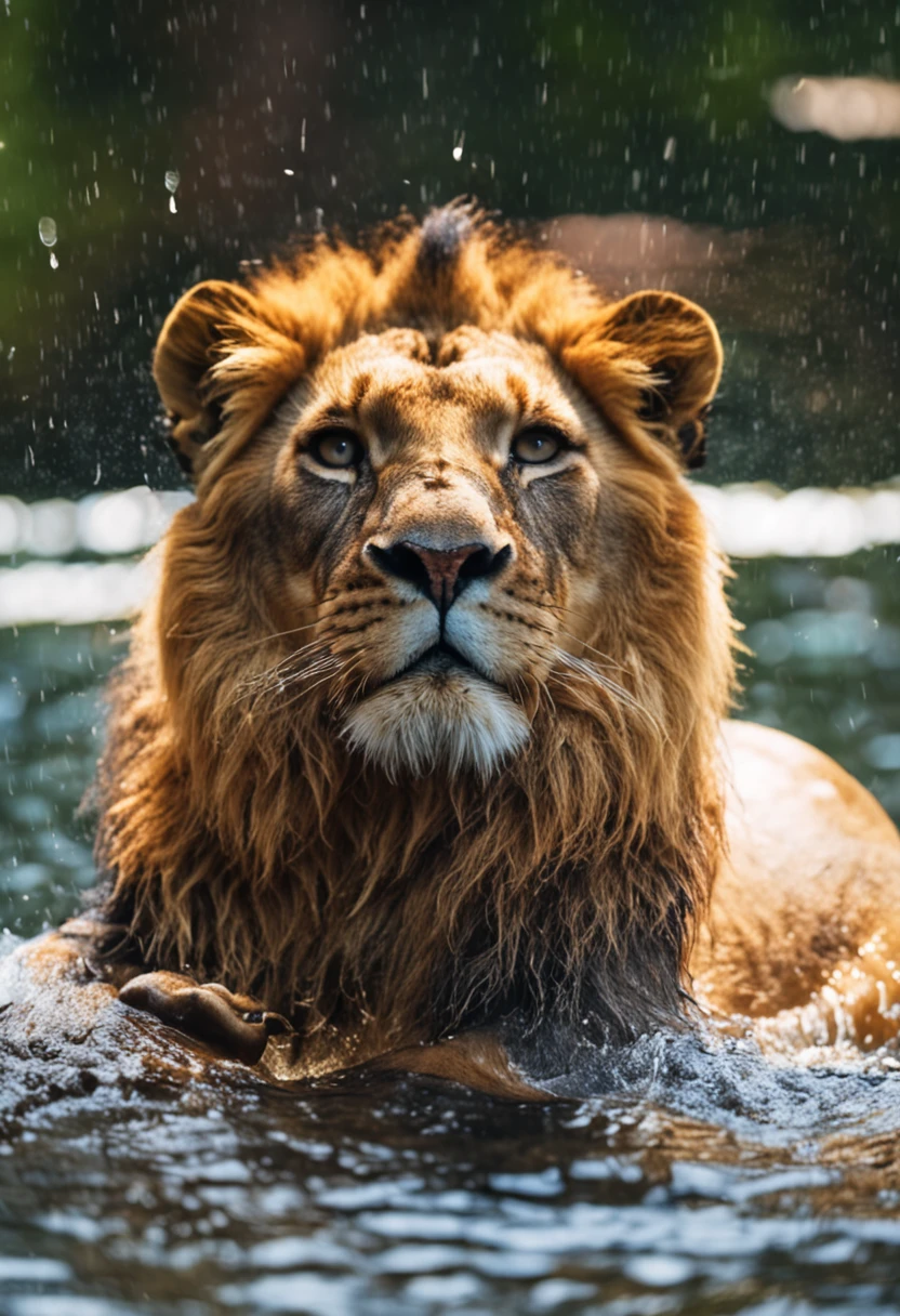 Little lion bathing in the river