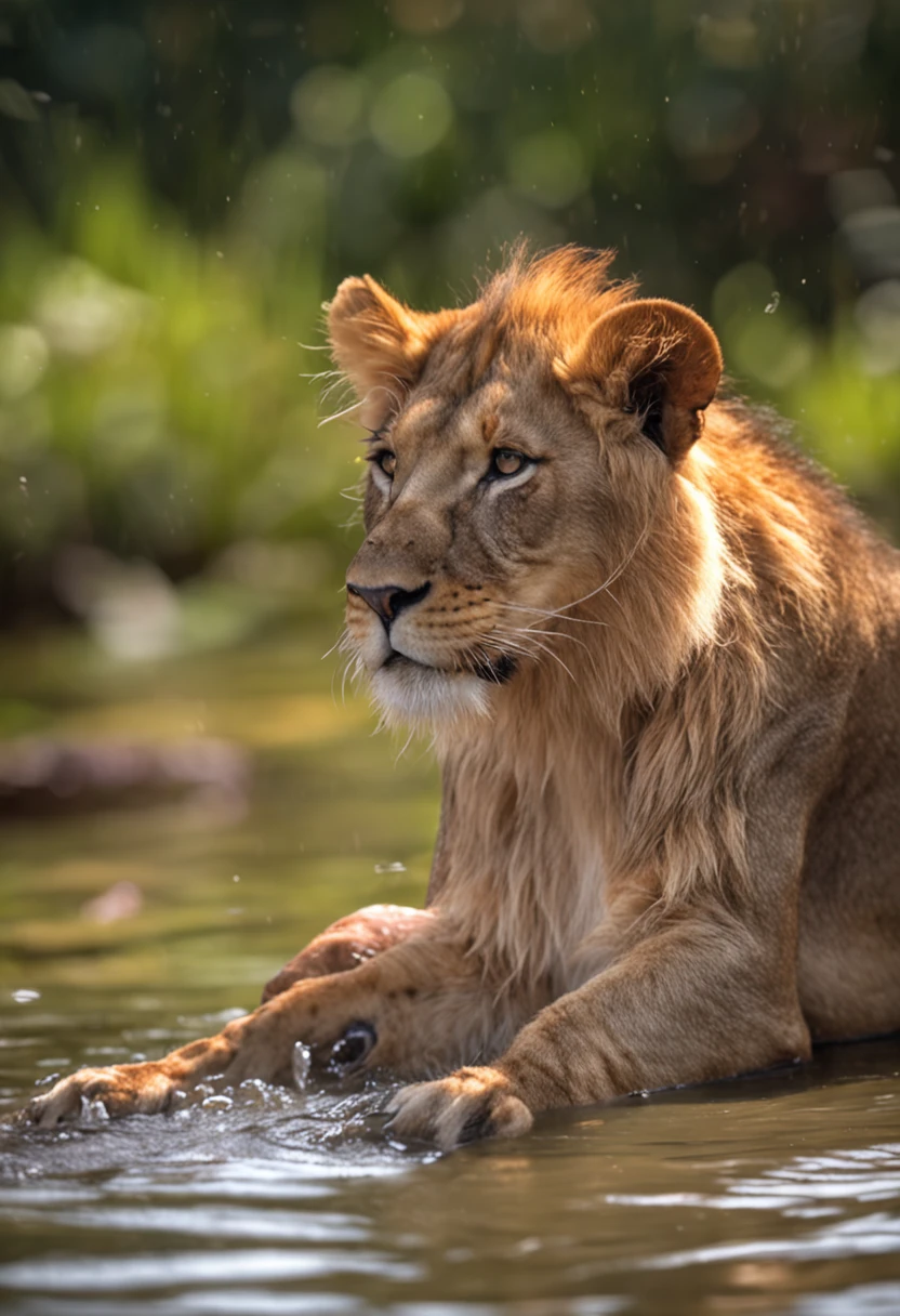 Little lion bathing in the river