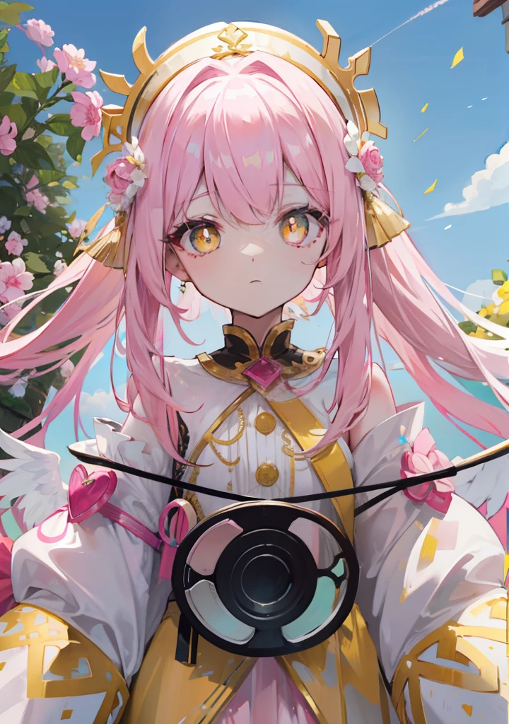 Long pink and white hair,Pink-white wings,Deep yellow pupils,Decorated in brilliant gold,Soft clothes with white and yellow,She is a cute and sweet beautiful girl