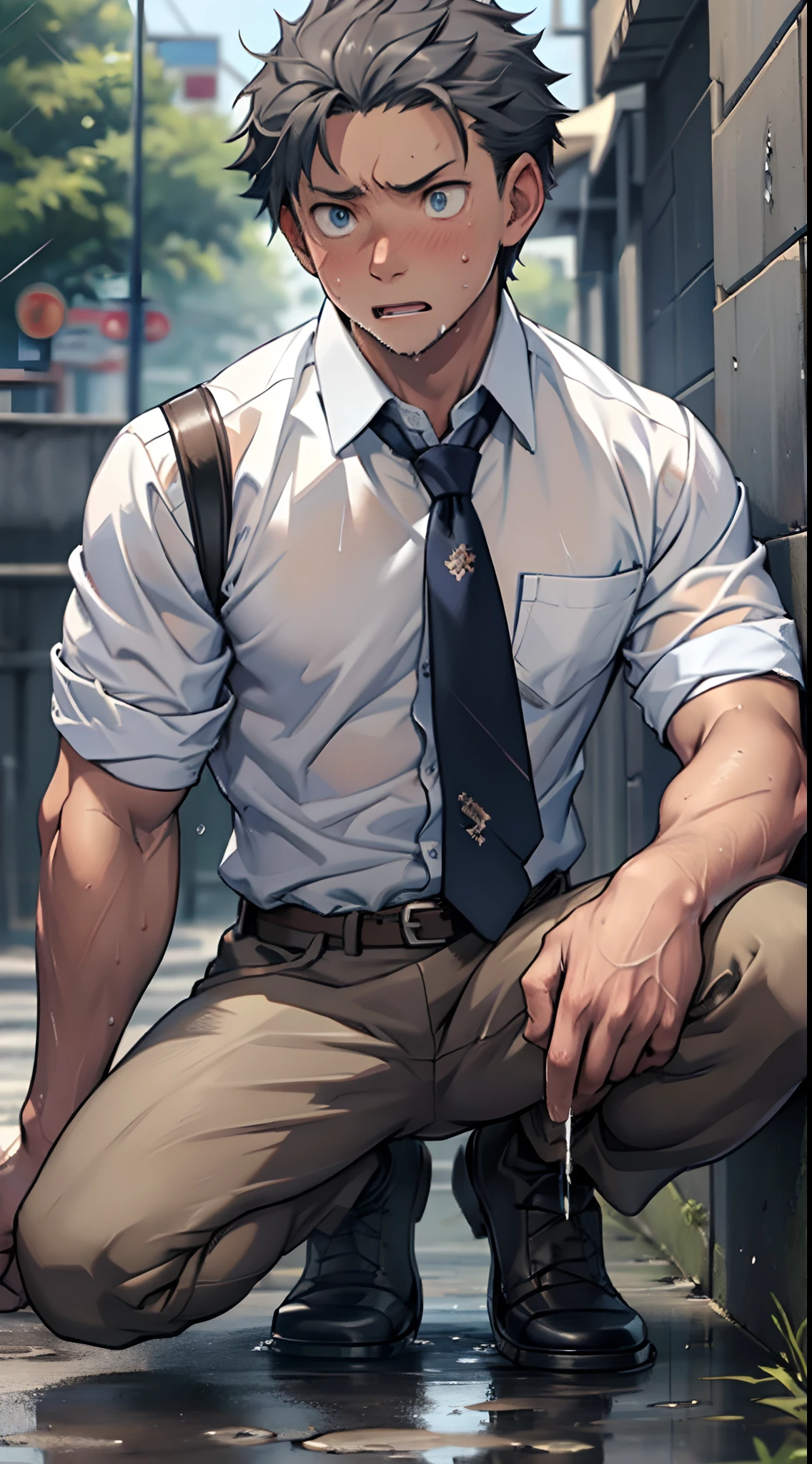 (1 Adult male),A high resolution, Sharp focus, Pixiv masterpiece, ((Complicated details)), highly detailed, natsuki_subaru, 1 man,perfect male figure,Urine on the trouser leg, Nervously bow your head,is shy,embarressed,exhilarated,is shocked,panicking,worry,A pool of urine formed around him,Very eager to pee,Unbearable,Wet yourself,Urine discharge,full bodyesbian,sit astride,Tired,decadent, blue color eyes(eyes glowing), Short yellow hair,white shirt,Wear a tie,Wear a belt,trousers,perspire,Drenched,Get wet,pissing,urine flows down the pants,look from down
