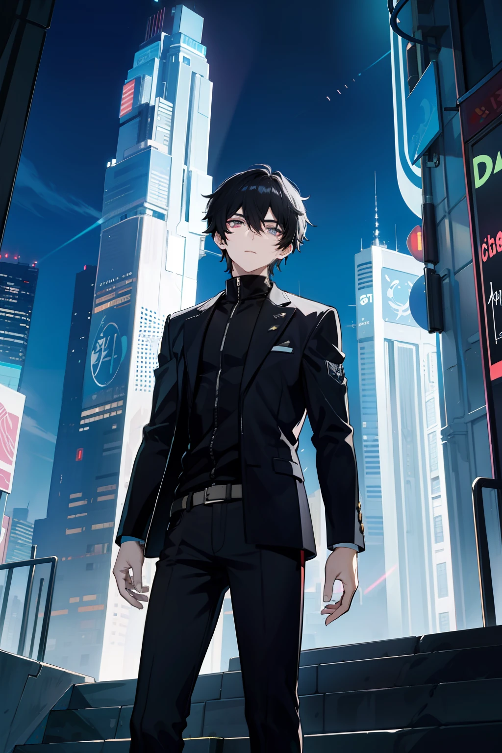 On the vibrant skyline of a modern fantasy city, A 27-year-old boy stands out with black hair that contrasts with his white skin, and silver eyes that seem to reflect the neon lights that illuminate the city. Viste un elegante traje negro adornado con sutiles detalles dorados que brillan bajo las luces de la ciudad. El manto largo que lleva agrega un toque distintivo a su figura, mientras se mueve entre rascacielos y pantallas de hologramas. en el fondo, The city comes alive with rivers of light and futuristic buildings that defy the imagination. Este es tu protagonista, A contemporary enigma in an urban world full of wonders and dreamy technology.