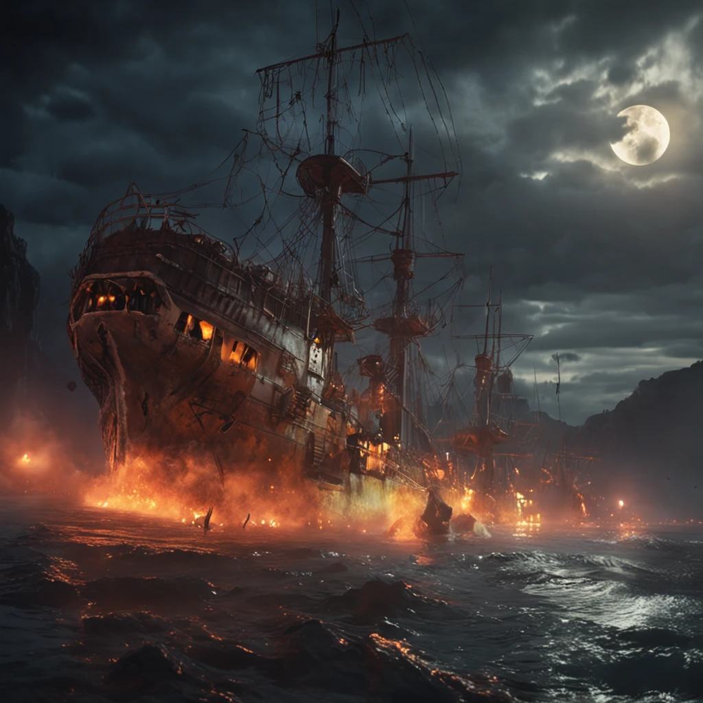 An army of ghost ships in the night. 4k, ultra realista, Kinematic ::n_style drawing, Low quality imperfection, doll, game, anime