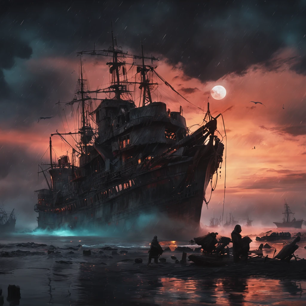 An army of ghost ships in the night. 4k, ultra realista, Kinematic  ::n_style drawing, Low quality imperfection, doll, game, anime