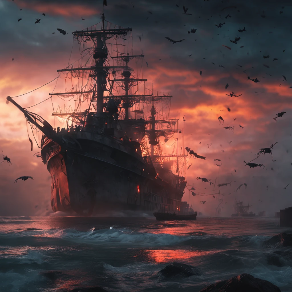 An army of ghost ships in the night. 4k, ultra realista, Kinematic ::n_style drawing, Low quality imperfection, doll, game, anime