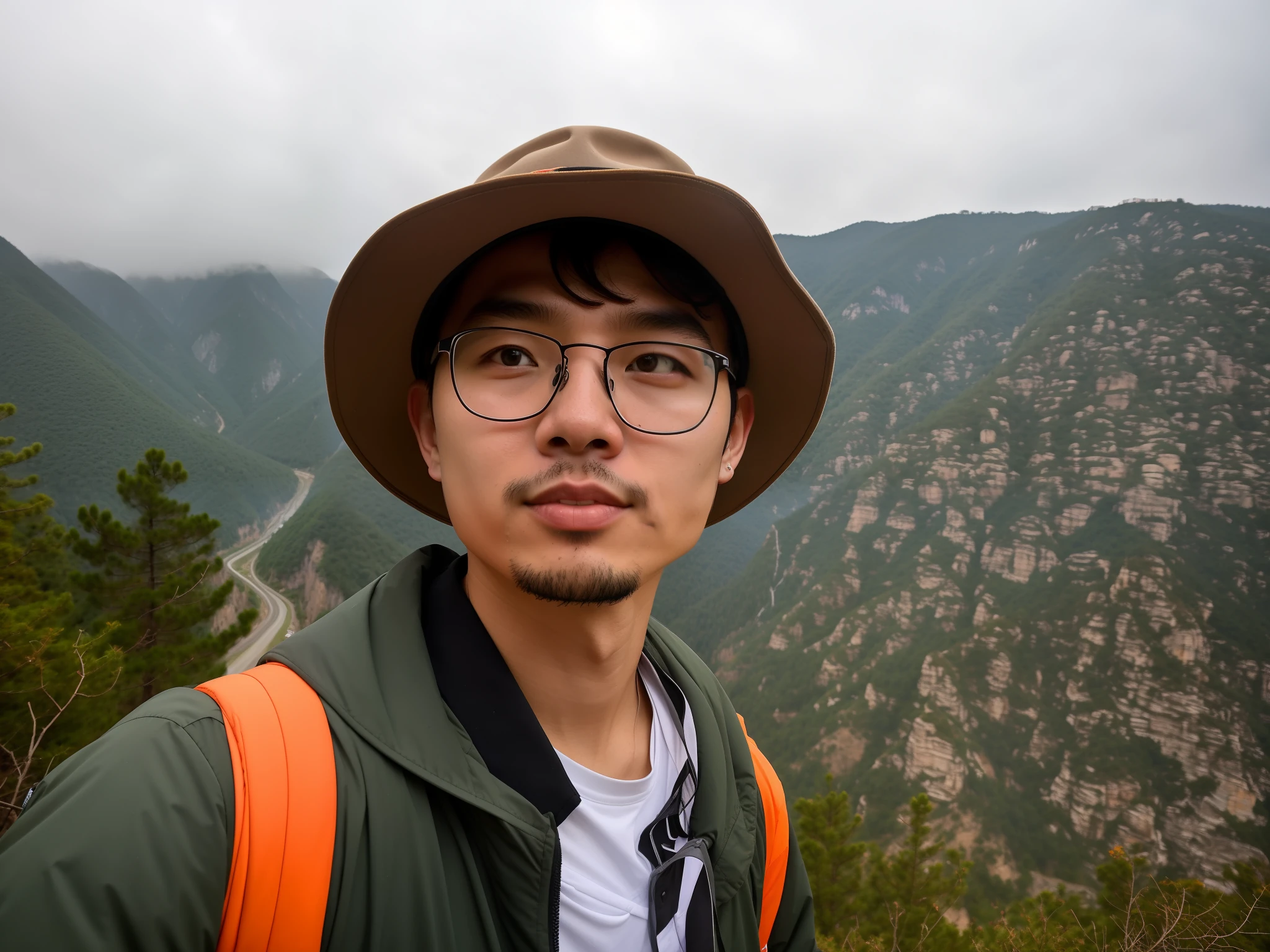 There was a man wearing a hat and glasses standing on the hill, xintong chen, yanjun cheng, huifeng huang, 8k selfie photograph, in front of a forest background, Leng Jun, with the mountains in the background, with the mountains in the background, Wang Qichao, Liang Xing, jinyiwei
