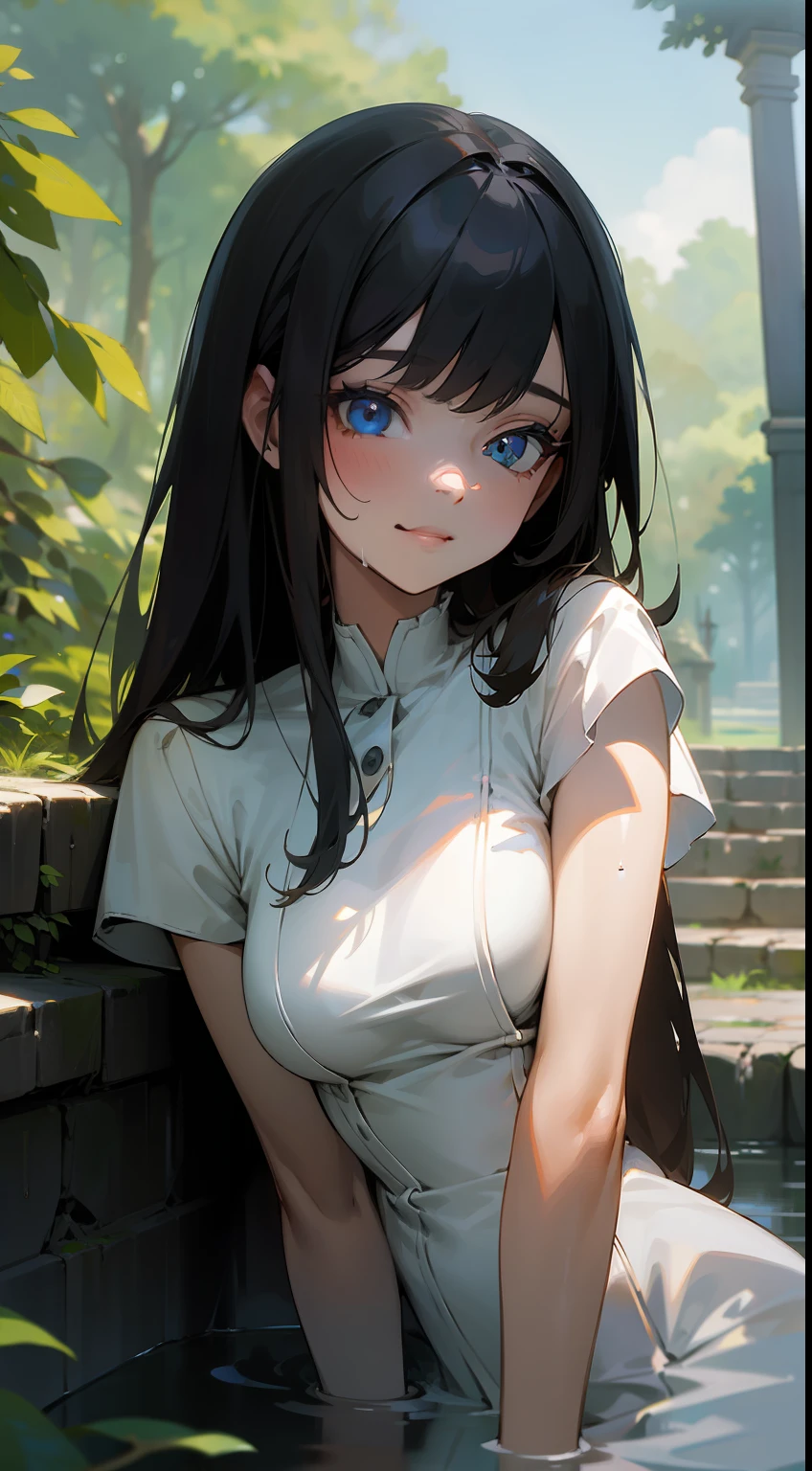 (masterpiece, best quality:1.4), 8k, Official Art, RAW photo, absurd, bottom, girl, evil smile, upper body, sitting, white summer dress, wet, transparent, stone bridge, Ruins, sky, forest, stream, detailed shadow, light leaks, perspective, depth of field, sharp focus, tall, ultra detailed, fine detail, extremely detailed, (detailed eyes and face, sharp pupils, realistic pupils:0.6)
  INFO