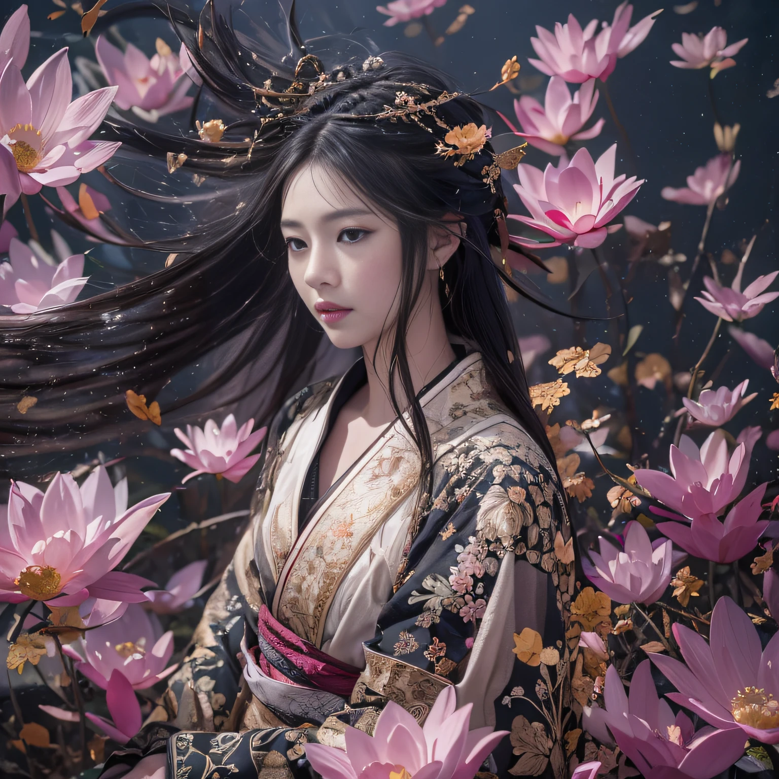 32K(tmasterpiece,k hd,hyper HD,32K)Long flowing black hair,ponds,zydink, a color, Asian people (Silly girl), (Silk scarf), Combat posture, looking at the ground, long whitr hair, Floating hair, Carp pattern headdress, Chinese long-sleeved clothing, (abstract ink splash:1.2), Pink petal background,Pink and white lotus flowers fly(realisticlying:1.4),Black color hair,Fallen leaves flutter,The background is pure, A high resolution, the detail, RAW photogr, Sharp Re, Nikon D850 Film Stock Photo by Jefferies Lee 4 Kodak Portra 400 Camera F1.6 shots, Rich colors, ultra-realistic vivid textures, Dramatic lighting, Unreal Engine Art Station Trend, cinestir 800,Long flowing black hair