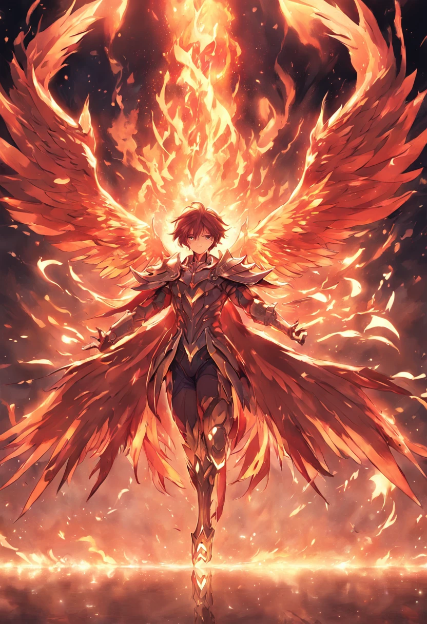 Iggy of Phoenix, 1 man, Phoenix Night , Anime Zodiac Knight , Anime Seiya, Fancy image, Phoenix knights walking in flames, The phoenix bird covers its wings behind the knight, Perfect Phoenix Armor