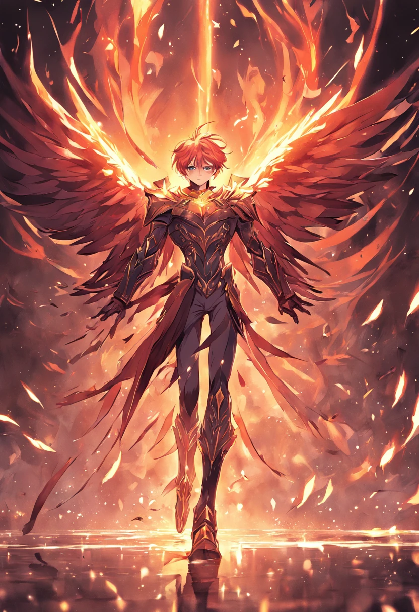 Iggy of Phoenix, 1 man, Phoenix Night , Anime Zodiac Knight , Anime Seiya, Fancy image, Phoenix knights walking in flames, The phoenix bird covers its wings behind the knight, Perfect Phoenix Armor