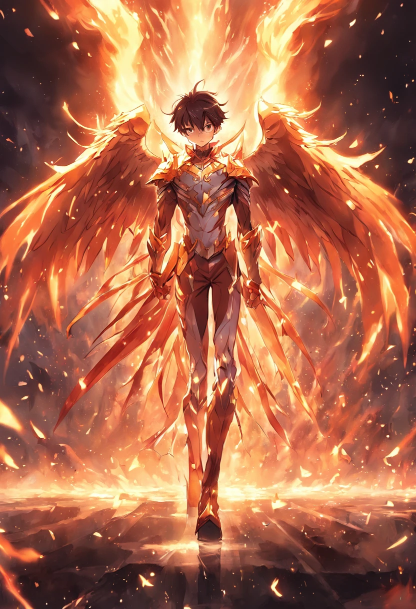 Iggy of Phoenix, 1 man, Phoenix Night , Anime Zodiac Knight , Anime Seiya, Fancy image, Phoenix knights walking in flames, The phoenix bird covers its wings behind the knight, Perfect Phoenix Armor