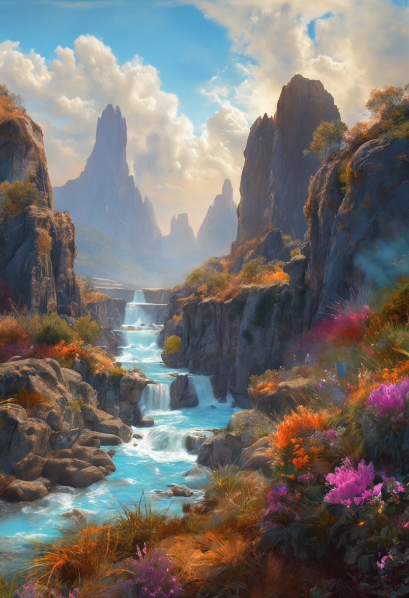 paisagem, azul profundo,glicina,Cascatas, crystal water, bright blue sky, ,(unidade CG altamente detalhada papel de parede 8k), A mais bela obra de arte do mundo, professional majestic oil painting, complexo, High detail, Crisp Focus, dramatic, Arte da pintura fotorrealista, Alma Tadema