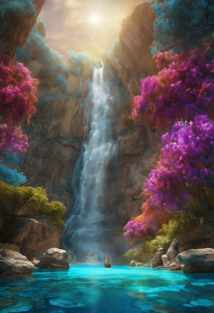 paisagem, azul profundo,glicina,Cascatas, crystal water, bright blue sky, ,(unidade CG altamente detalhada papel de parede 8k), A mais bela obra de arte do mundo, professional majestic oil painting, complexo, High detail, Crisp Focus, dramatic, Arte da pintura fotorrealista, Alma Tadema