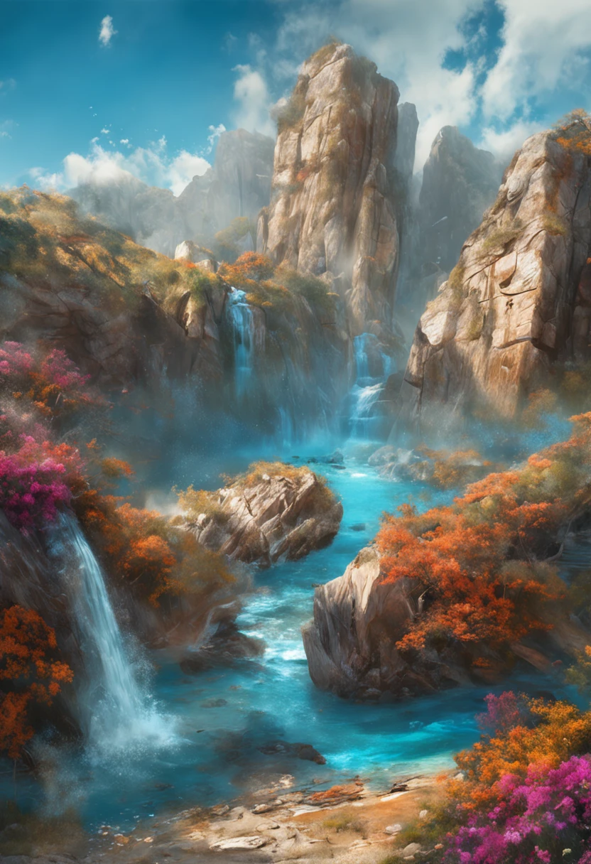 paisagem, azul profundo,glicina,Cascatas, crystal water, bright blue sky, ,(unidade CG altamente detalhada papel de parede 8k), A mais bela obra de arte do mundo, professional majestic oil painting, complexo, High detail, Crisp Focus, dramatic, Arte da pintura fotorrealista, Alma Tadema
