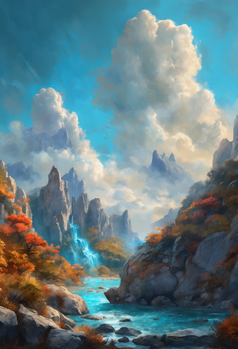 paisagem, azul profundo,glicina,Cascatas, crystal water, bright blue sky, ,(unidade CG altamente detalhada papel de parede 8k), A mais bela obra de arte do mundo, professional majestic oil painting, complexo, High detail, Crisp Focus, dramatic, Arte da pintura fotorrealista, Alma Tadema
