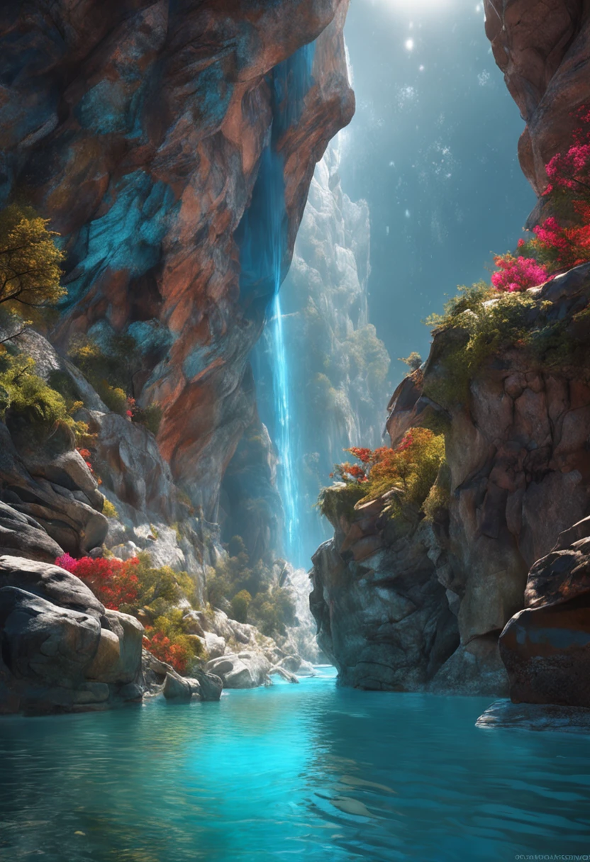 paisagem, azul profundo,glicina,Cascatas, crystal water, bright blue sky, ,(unidade CG altamente detalhada papel de parede 8k), A mais bela obra de arte do mundo, professional majestic oil painting, complexo, High detail, Crisp Focus, dramatic, Arte da pintura fotorrealista, Alma Tadema