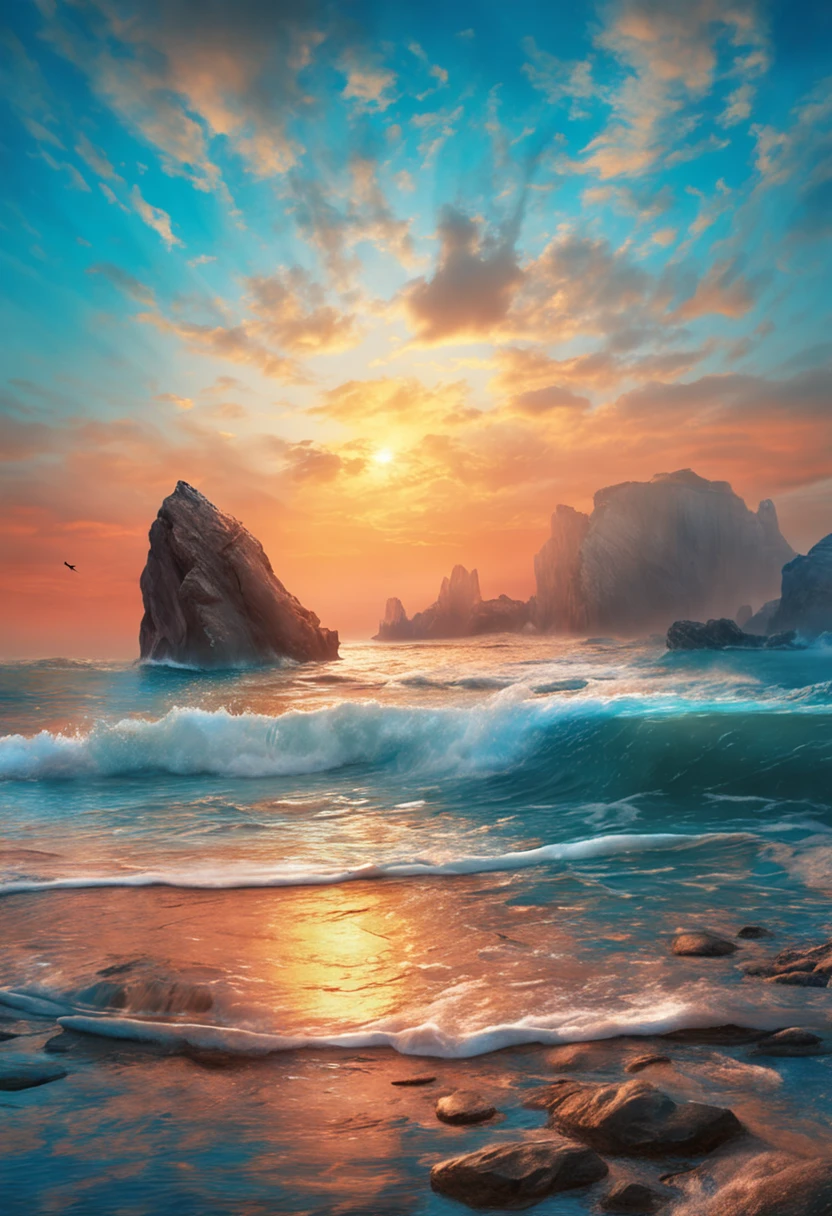 paisagem, azul profundo,glicina,Cascatas, crystal water, bright blue sky, ,(unidade CG altamente detalhada papel de parede 8k), A mais bela obra de arte do mundo, professional majestic oil painting, complexo, High detail, Crisp Focus, dramatic, Arte da pintura fotorrealista, Alma Tadema