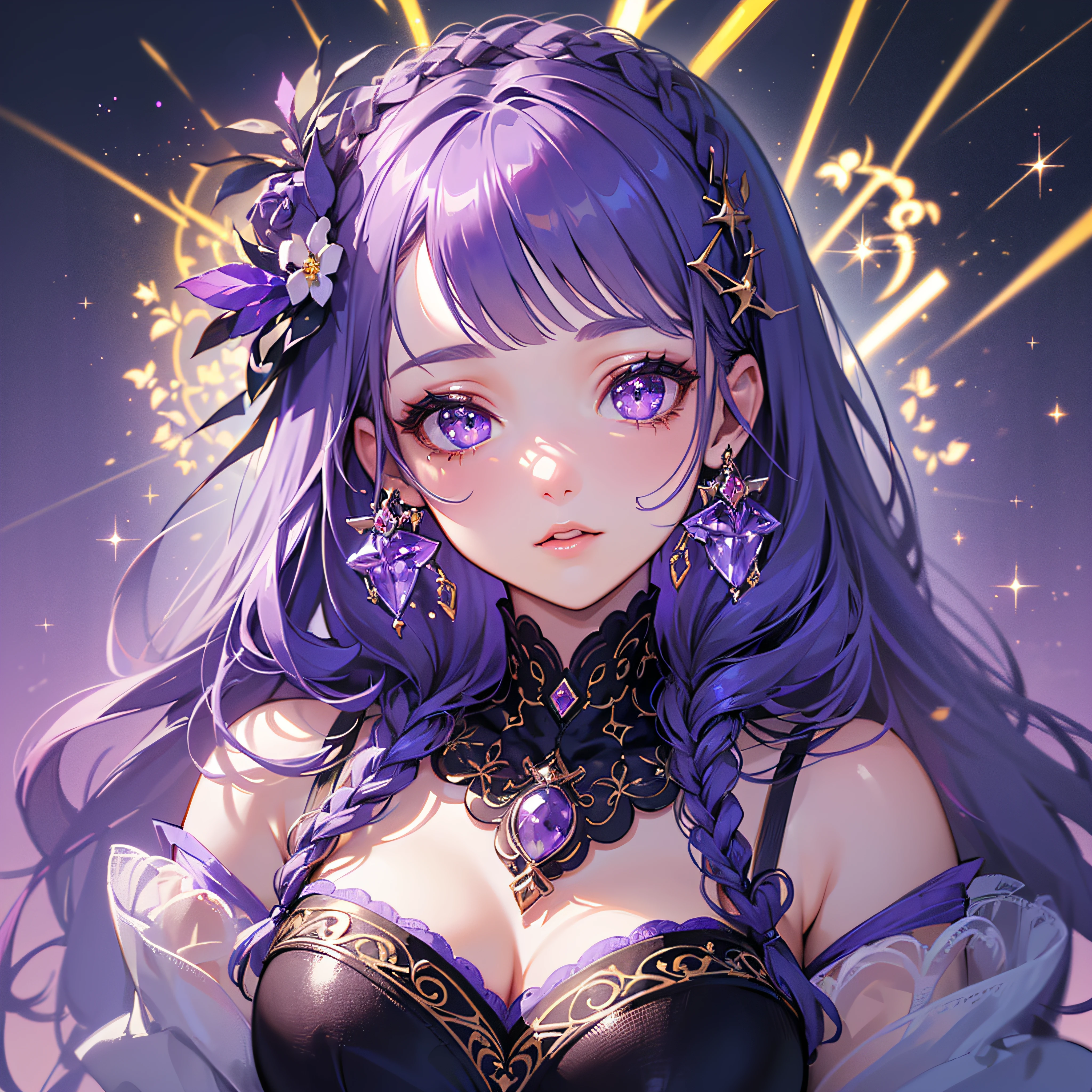 (Best Quality:1.3),4K,8K,8K Portrait,16K,(masterpiece:1.2),1girl in,Solo,(maximalism:1.5),amethyst,ultra-detailliert,absurderes, ,(extremely detailed beautiful face and eyes:1.3),
(extremely detailed beautiful hair:1.3),delicate composition, (upper body:1.2),
Best Quality,masutepiece,1girl in,Solo,amethyst,(maximalism:1.5),ultra-detailliert,absurderes,
Super cute girl,(low twin braids:1.2),Purple eyes,Purple hair,(is wearing extremely detailed dress:1.3),(Jewelry Hair Ornaments:1.3),
(jewelry eyes:1.3),(Eyelashes:1.2),(symbol in eyes:1.3),(hight resolution, Twinkle,Glitter,Lens Flare,light Particle,Shining:1.3),(Lori:1.5),(cute:1.5),