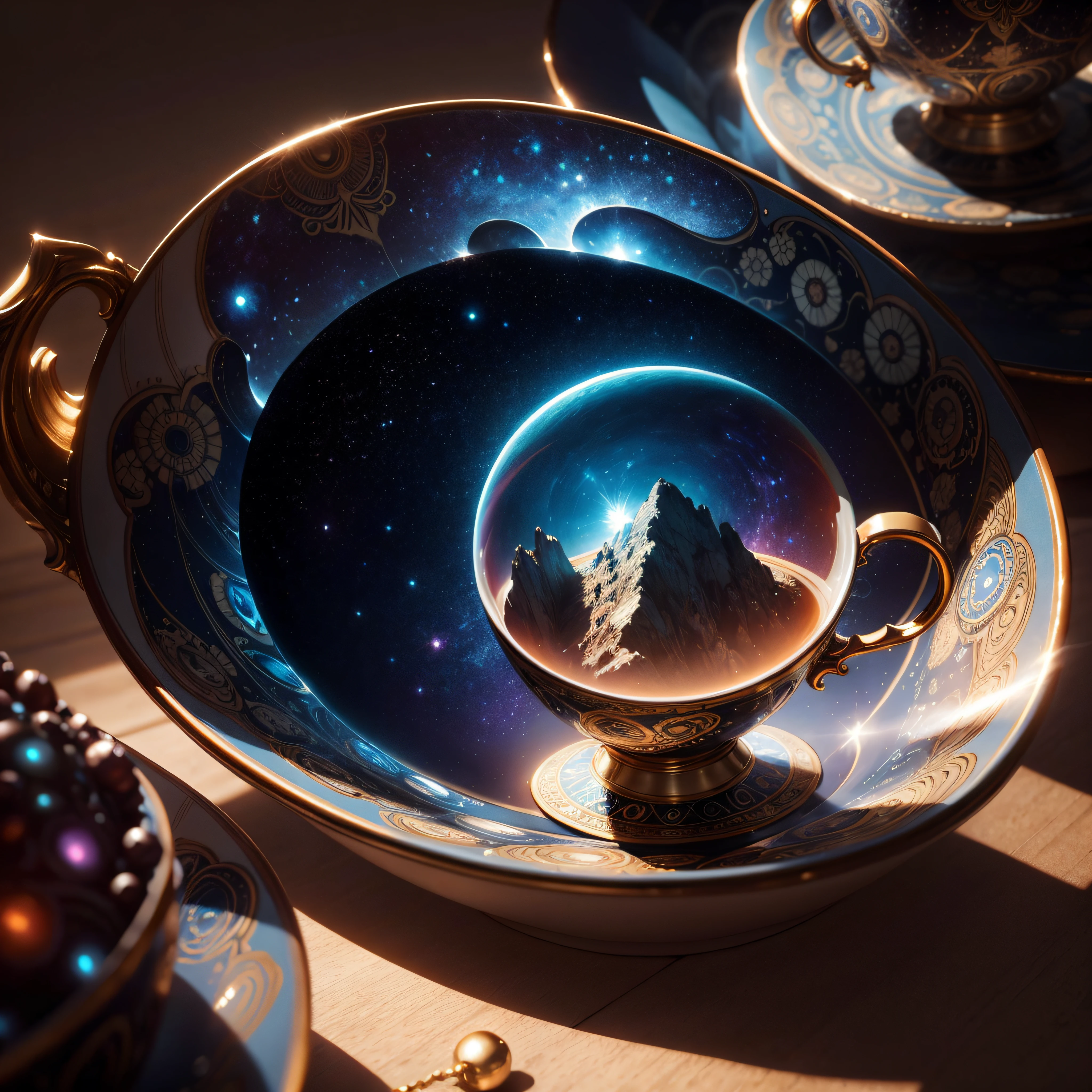"A teacup filled with the wonders of the universe, showcasing its astral beauty and futuristic galactic charm, adorned with vibrant and intricate details. The scene is rendered in a photorealistic style, reminiscent of the incredible artistry of Frank Frazetta, using the advanced CryEngine technology."