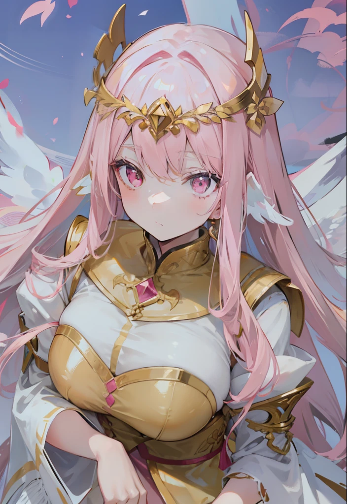 Long pink and white hair,Pink-white wings,Deep yellow pupils,Decorated in brilliant gold,Soft clothes with white and yellow,She is a cute and sweet beautiful girl