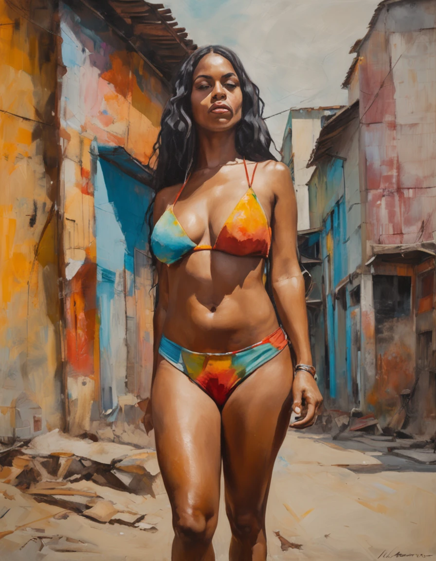 Photograph of a group of two beautiful Brazilian girls in bikinis in a favela in Brazil, full body, faces made up, brown eyes, small tattoos, traffic in the background, straight black hair, nearby yacht. Camera: Sony a7 III, Lens: Sony FE 70-200mm f/4 G OSS, Aperture: f/11, Shutter speed: 1/400s, ISO: 400, Focus mode: Continuous, Image stabilization: On, White balance: Auto, Metering mode: Multisegment, Exposure compensation: 0, Flash: Off, Angle: Full body angle, Composition: Rule of thirds, Background: Blurred, Depth of field: Shallow, Tripod: No, File format: RAW.