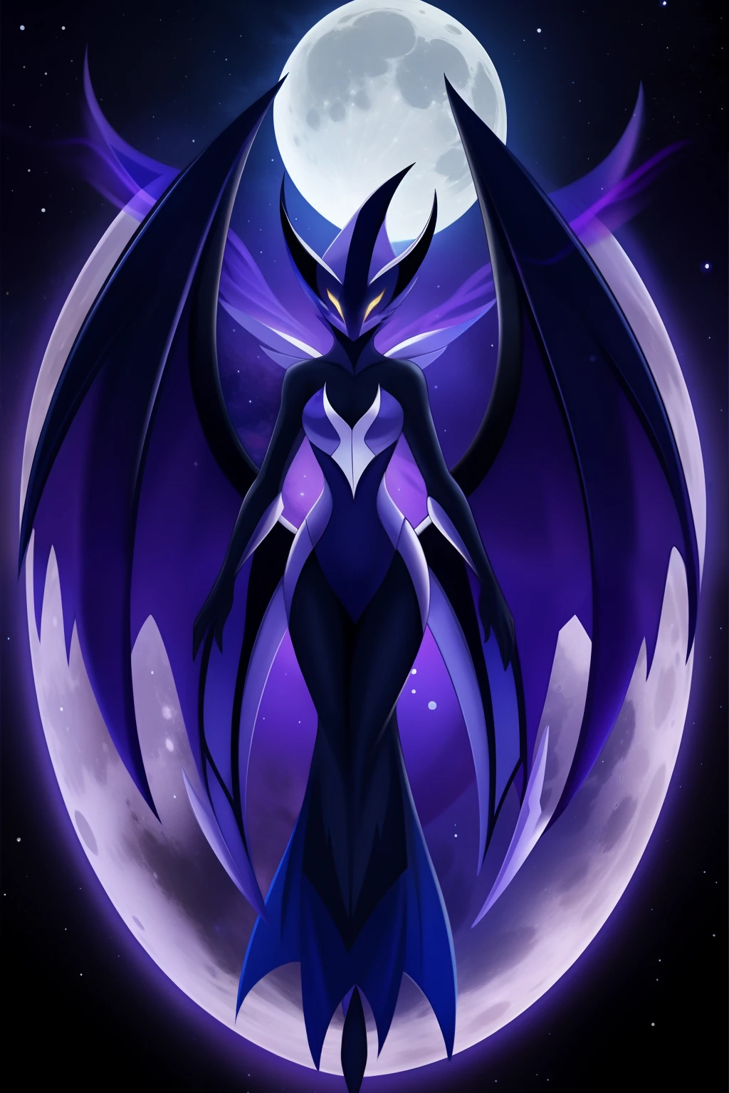"Lunala, misterious, moonlight, elegant, dark purple aura, night sky, glimmering stars, ethereal beauty, graceful silhouette, lunar wings, mystic energy."