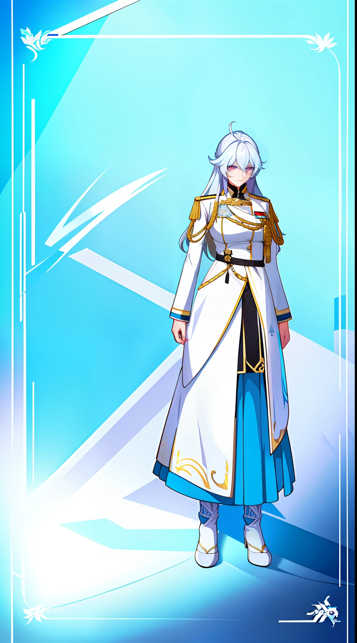 Adult woman, Long white hair, Cyan eyes, White general's uniform, spear, blue lipstick, anger, Masterpiece, hiquality