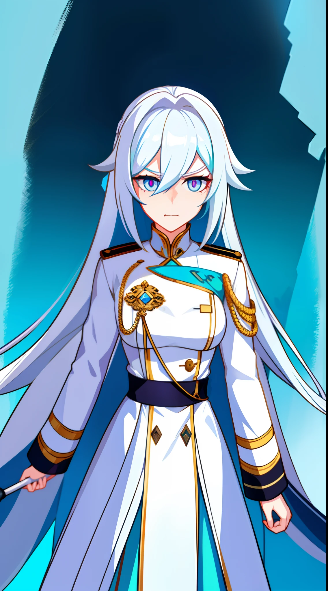 Adult woman, Long white hair, Cyan eyes, White general's uniform, spear, blue lipstick, anger, Masterpiece, hiquality
