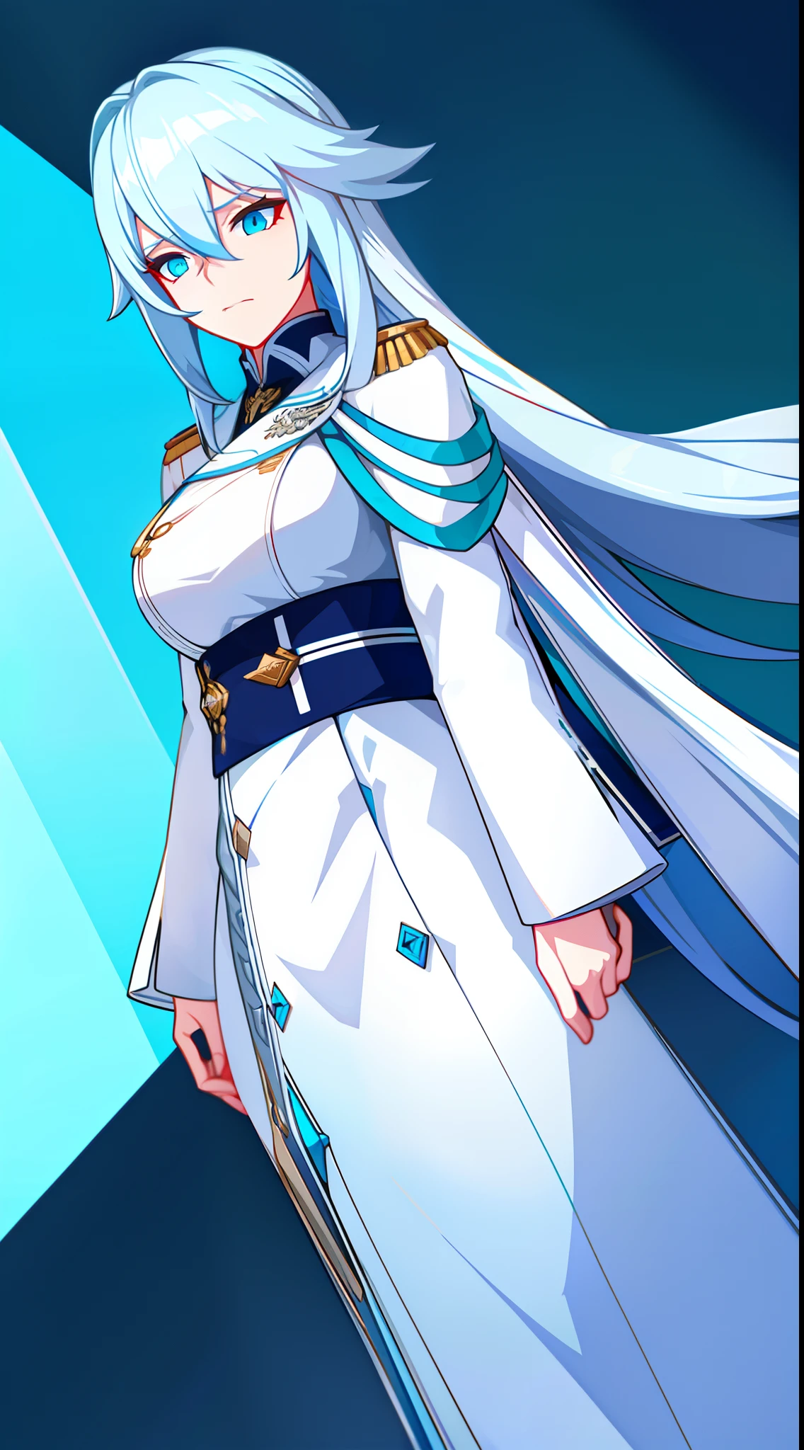 Adult woman, Long white hair, Cyan eyes, White general's uniform, spear, blue lipstick, anger, Masterpiece, hiquality