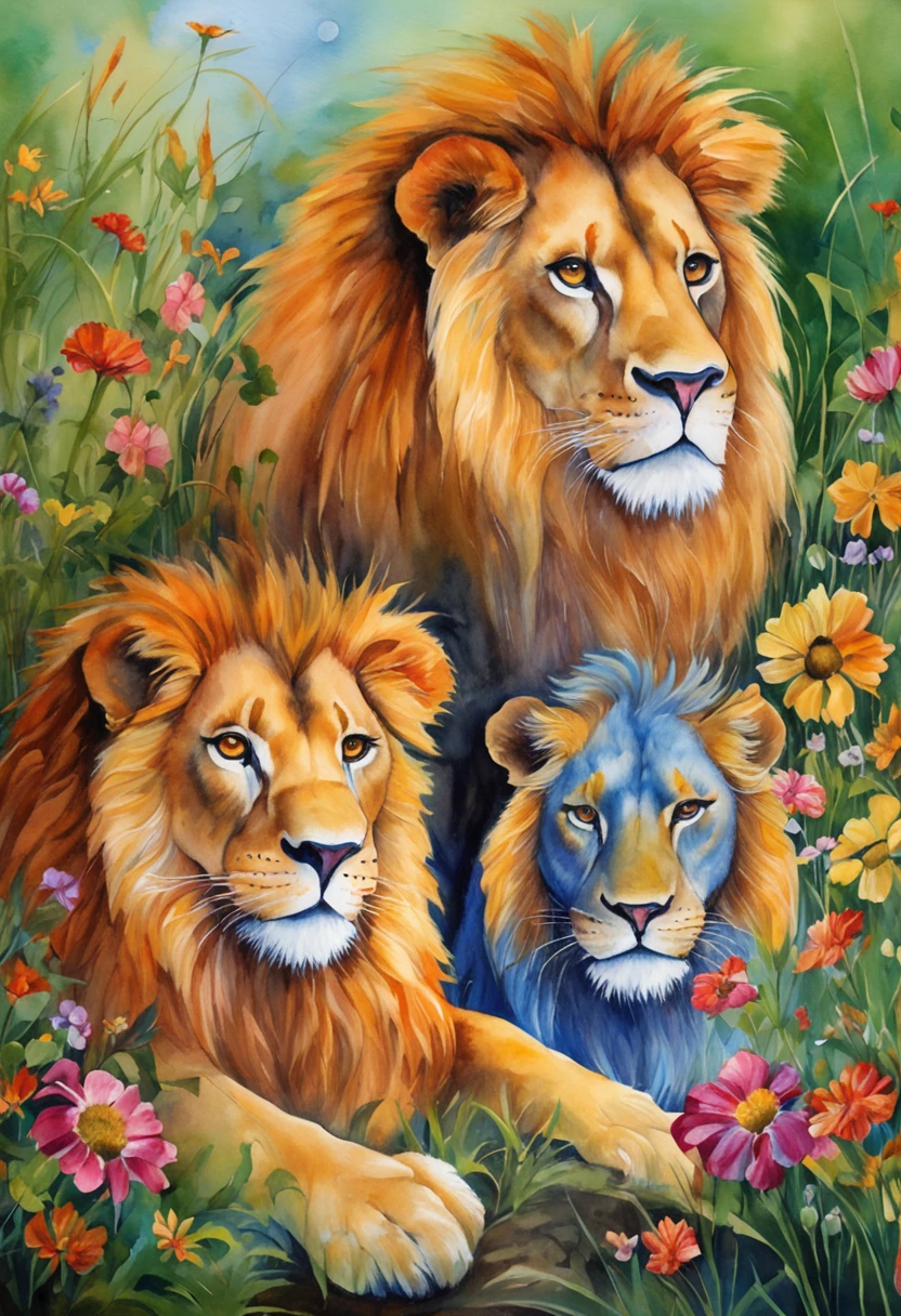 Two lions sitting in the grass with flowers in the background, lions, detailed beautiful animals, colorful hd picure, Howard Lyon, Animalistic painting, Animals Wildlife, Beautiful nature, amazing art, Joe Yusko, Richard Mayhew, Bob Eggleton, amazing depth, Lisa Frank, Randy Gallegos, king of the jungle, Majestic painting, mane