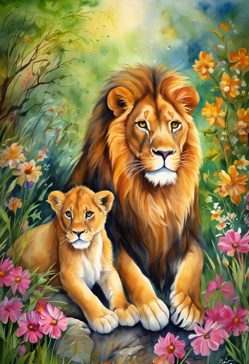 Two lions sitting in the grass with flowers in the background, lions, detailed beautiful animals, colorful hd picure, Howard Lyon, Animalistic painting, Animals Wildlife, Beautiful nature, amazing art, Joe Yusko, Richard Mayhew, Bob Eggleton, amazing depth, Lisa Frank, Randy Gallegos, king of the jungle, Majestic painting, mane