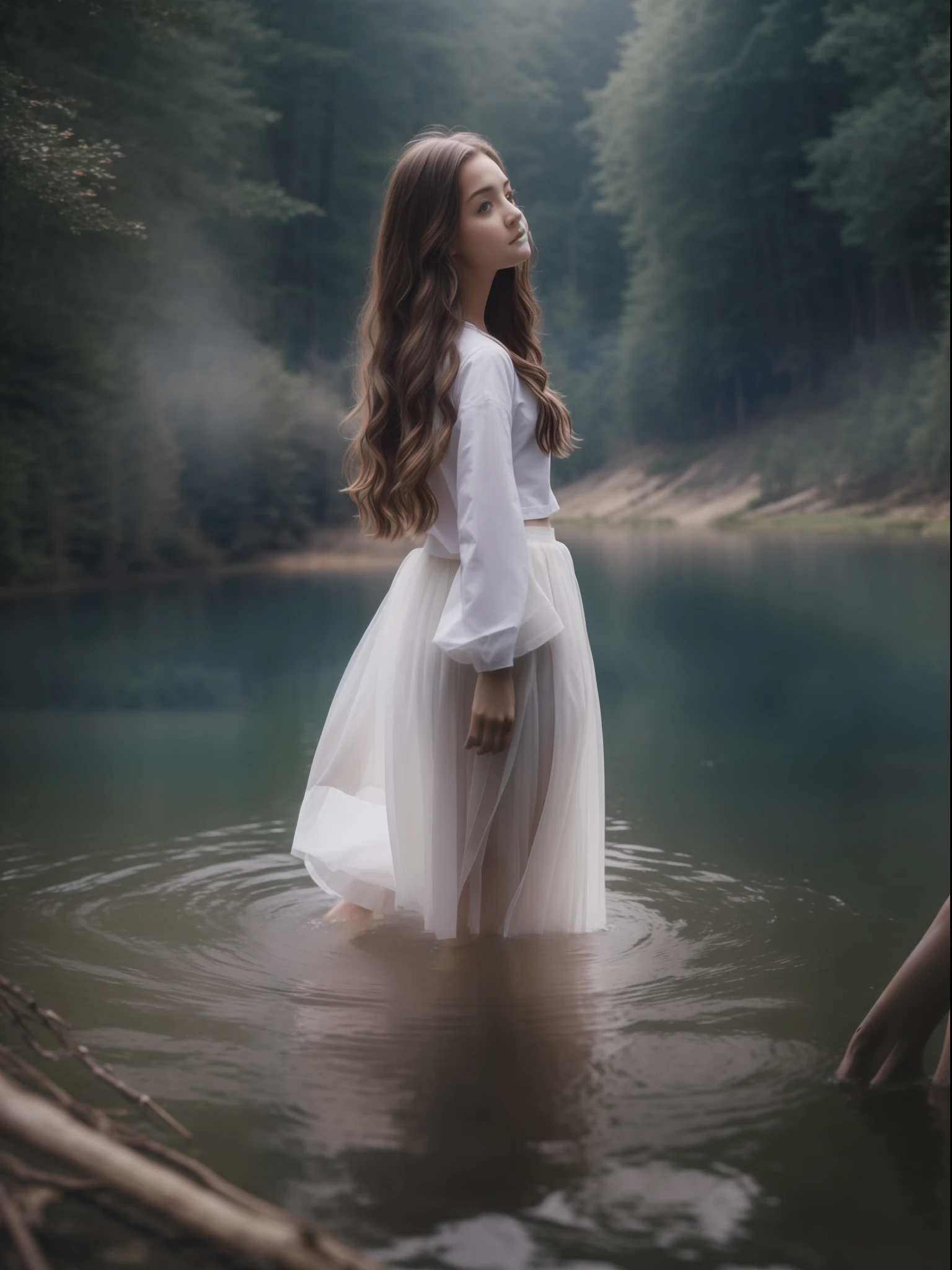 1girll, Stand in the middle of the lake，White skirt，Long hair，fully body photo，（20 years old），Static posture，Clean surroundings，In the forest