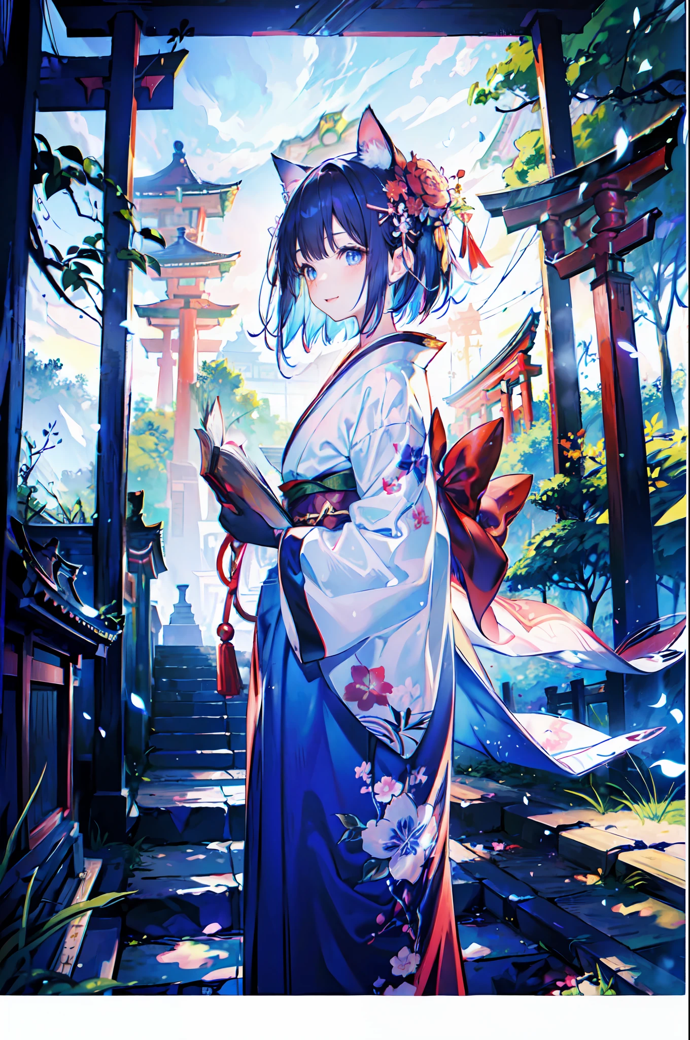 (jpn、Shrine 1.4)、The artwork、PastelColors、The best illustrations、top-quality、nffsw、Impresionismo、Red torii gate、beauitful face、blurry backround、 beautiful girl、shinny skin, (1The tail of a cat in a book grows:1.3)、drooing eyes、Glowing red hair、bob cuts、Blue eyes、Cat's ears、Floral hair ornament、Gentle smile、Curve、(Kimono:1.2)、