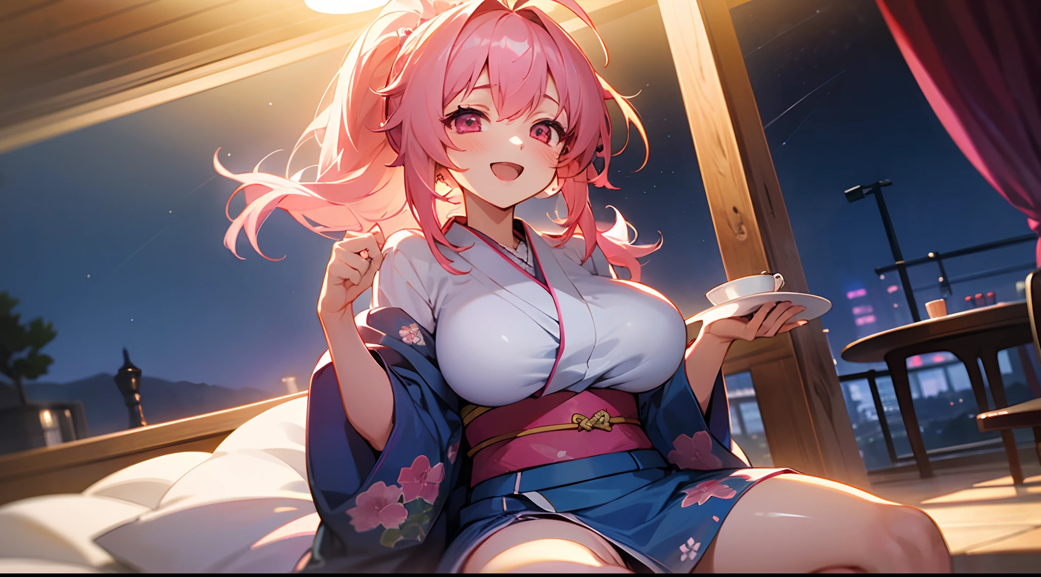1 girl, game CG, blue floral short kimono, visible thighs, gigantic breasts, pink hair, long hair, hair up, princess hairstyle, ahoge, pink eyes, smile, open mouth, night, sit ,Cafe,