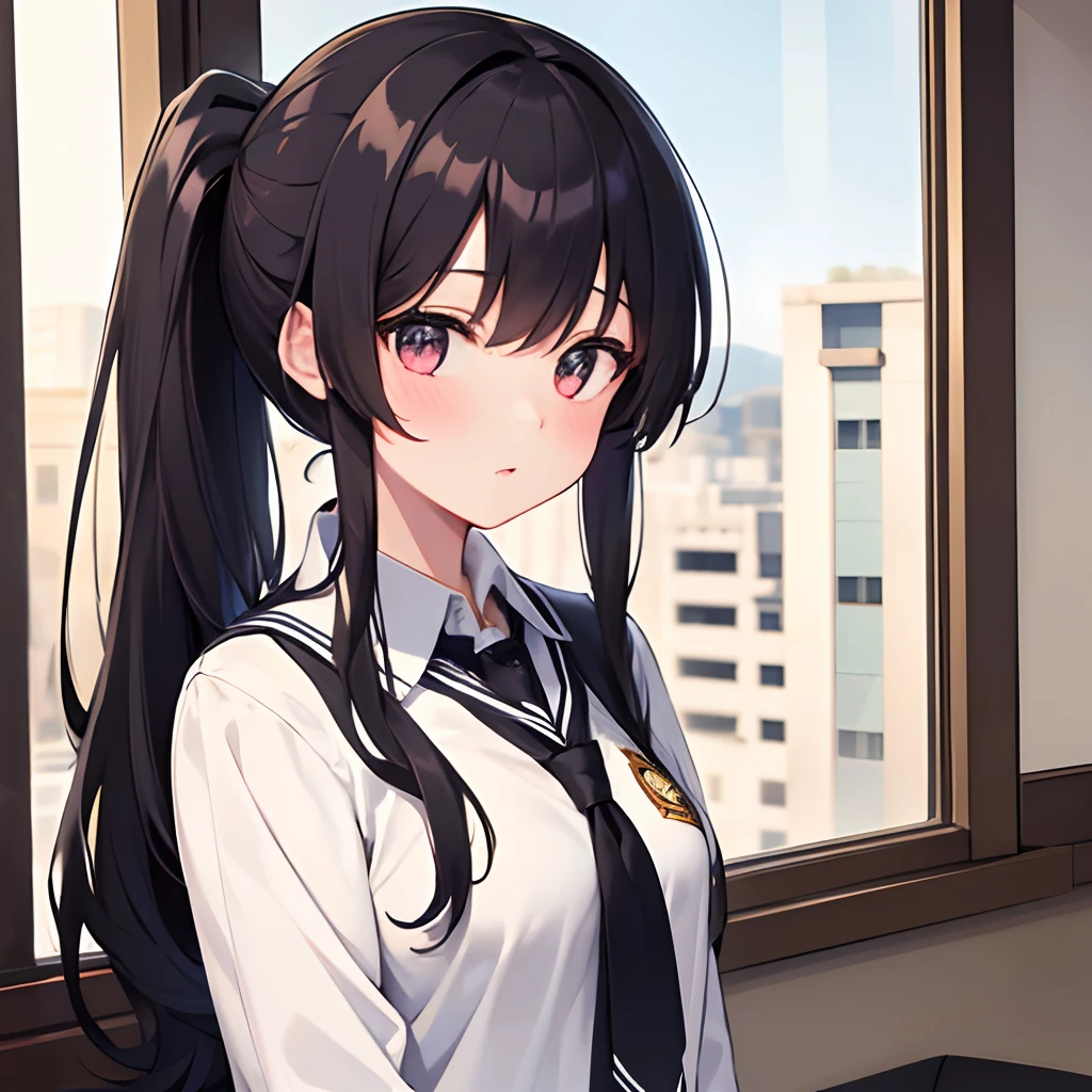1girl in ,hime-cut,The long-haired,Low ponytail ,School uniform,Drooping hair,A dark-haired
