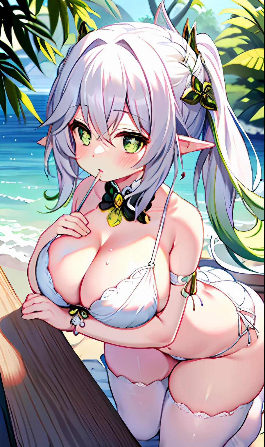 (white backgrounid:1.4),(tchibi:1.2),
tmasterpiece,Best quality,
独奏,((Extremely delicate and beautiful girl)),(full bodyesbian:1.2),elvish ears,hair adornments,Broken hair,short detailed hair,Light green eyes,huge boob,white dresses,silver
stand,(Ruffles),(White_upper legs),Hold the,Keep one's mouth shut,
fanciful, (Surrounded by waves), Nahida, nakeness, fullnude, A white bikini,gigantic cleavage breasts,semi-bare,Sexy big ass,Erotic lingerie,Fiddling with sexy ass,Expose sexy breasts,The kinky is exposed ,Protruding anteriorly and posteriorly,Pornographic