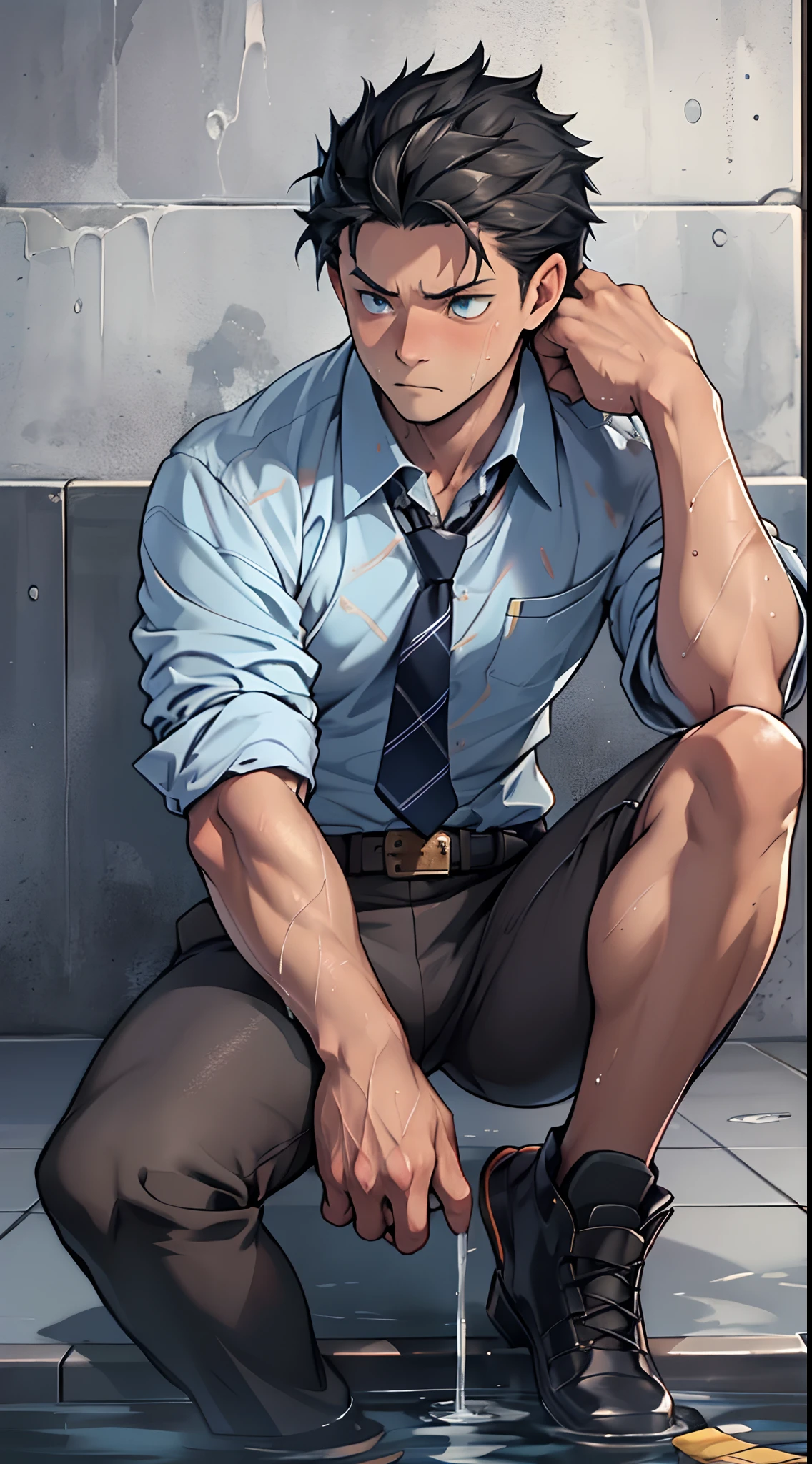 （1 Adult male），A high resolution， Sharp focus， Pixiv masterpiece， （（Complicated details））， highly  detailed， natsuki_subaru， 1 man，perfect male figure，Urine on the trouser leg， Nervously bow your head，is shy，embarressed，exhilarated，is shocked，panicking，worry，A pool of urine formed around him，Very eager to pee，Unbearable，Wet yourself，Urine discharge，full bodyesbian，sit astride，Tired，decadent， blue color eyes（eyes glowing）， Short yellow hair，white  shirt，Wear a tie，Wear a belt，trousers，perspire，Drenched，Get wet，pissing，urine flows down the pants，look from down