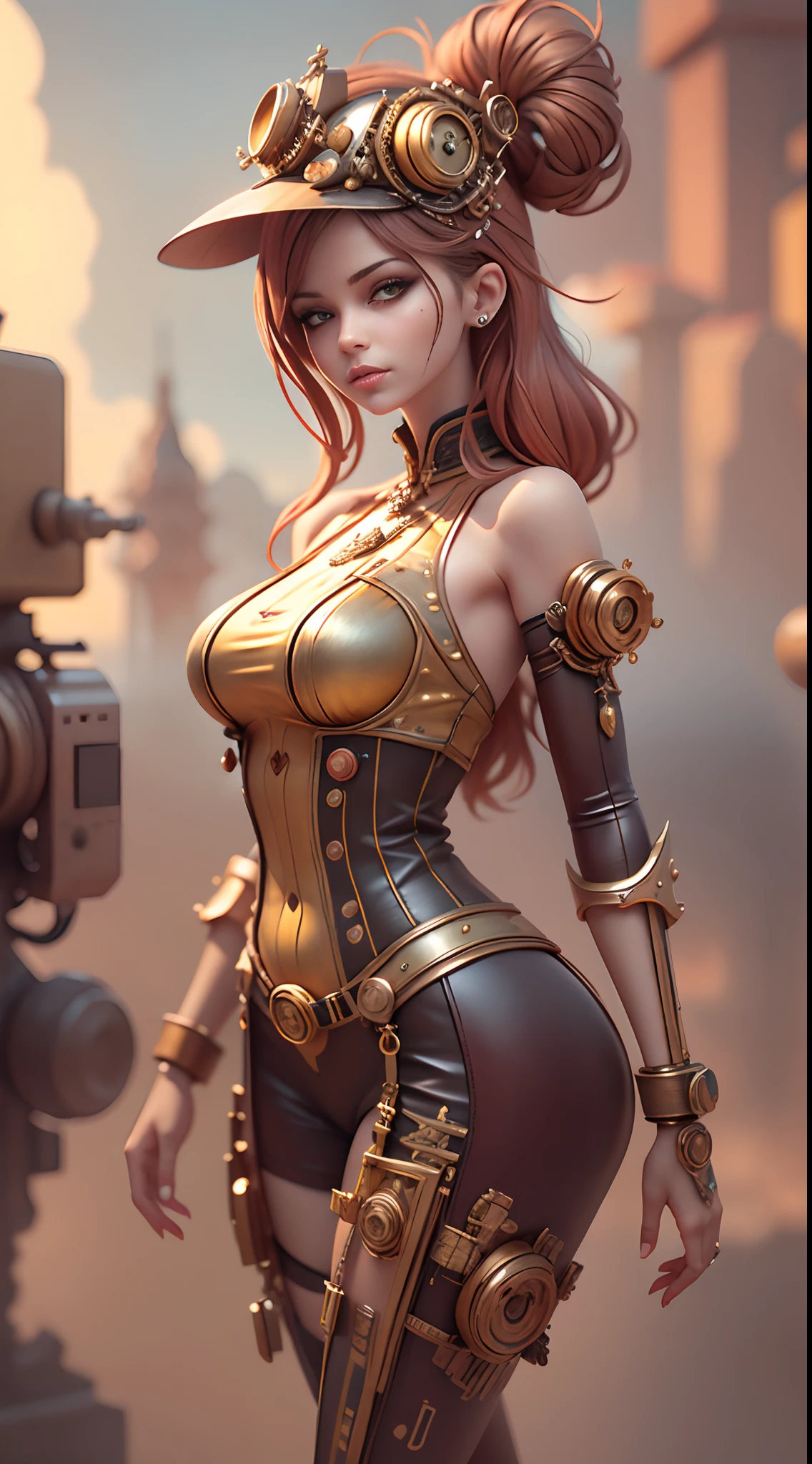 There's a sexzy indian 1woman with a steam-powered dusky skin, with big boobs,Royal look,helmet, arte conceitual steampunk, sexzy full body view top to bottom, stsnding in backview turning camera, random camera anhle,dark smoke fog background,arte steampunk digital, arte steampunk de alta qualidade, Wojtek FUS, arte digital steampunk, detailed wild steampunk illustration, Portrait of a gold and copper mechanical woman, arte steampunk, estilo de arte dieselpunk, cyberpunk steampunk, estilo de fantasia steampunk, Arte digital altamente detalhada em 4k, sci-fi steampunk