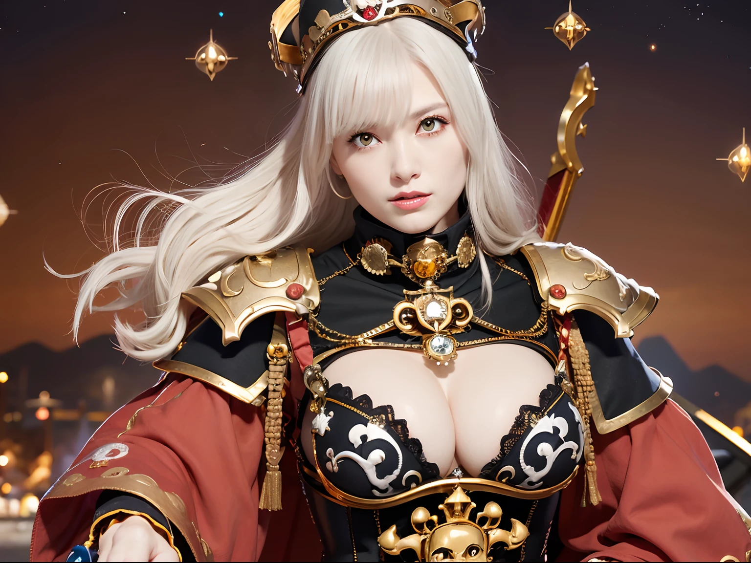 (masutepiece), Professional , masterpiece、top-quality、photos realistic , depth of fields (Gemstone Silver Metal Body:1.9),(Matte White、(Put on a pirate hat)、Jewel Gold Weapon(Jewel Metal Body:1.4),Gorgeous metal weapons , Detailed Sword of the Brave , Beautiful knife ,warhammer 40k , The port town、adepta sororitas,Detail and ornate jewel crown、Black hair、Gangle's forest background、Beautiful Caucasian beauty、1a person、dynamic ungle,(((Detailed and ornate diamond crown)))、Smaller head、A smile、Take a sexy pose、Background inside the castle、Thin and beautiful female hands、cleavage of the breast、Soldier in iron armor on background、Man soldier in iron armor on background、Sea view、Pirate Ship、Woman or stand in the center、Pirate Ship、