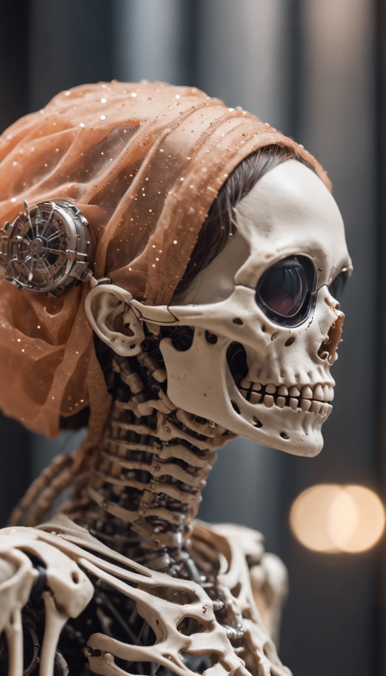 Fly cute female skeleton light orange constellation,Asian Skeleton Rose Gold Silk Armor Tulle Cyberpunk Space Station 1:900 miniatures,the sideview,Pure transparency,full bodyesbian,Ice is permeable to gas,Film light and shadow,Panorama ultra-wide angle,extremely happy,Silica gel has a delicate texture,Strong visual impact,Hyper-detailing,Dream girl,Refined face,prettyeyes,high saturated,Wear gold wire-rimmed reflective sunglasses,crystal-clear,Good sense of perspective,Light and shadow effects,16K smooth,Surface reflected light