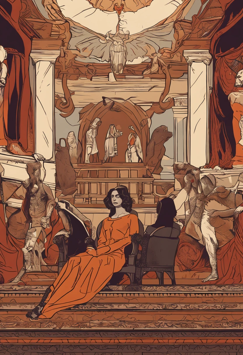 homem alto, espada gigante, uma cicatriz no rosto muito detalhada, usa uma capa de couro desgastada, sardonic smile, Women at your feet, sits on a large luxurious throne WITH LIONS ON THE SIDE