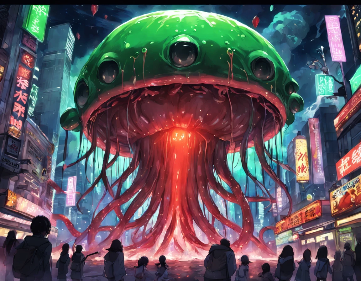 Alien spot of red slime with tentacles, Invasion de limo verde, fondo:Ciudad Grande,(Explosiones de limo verde),