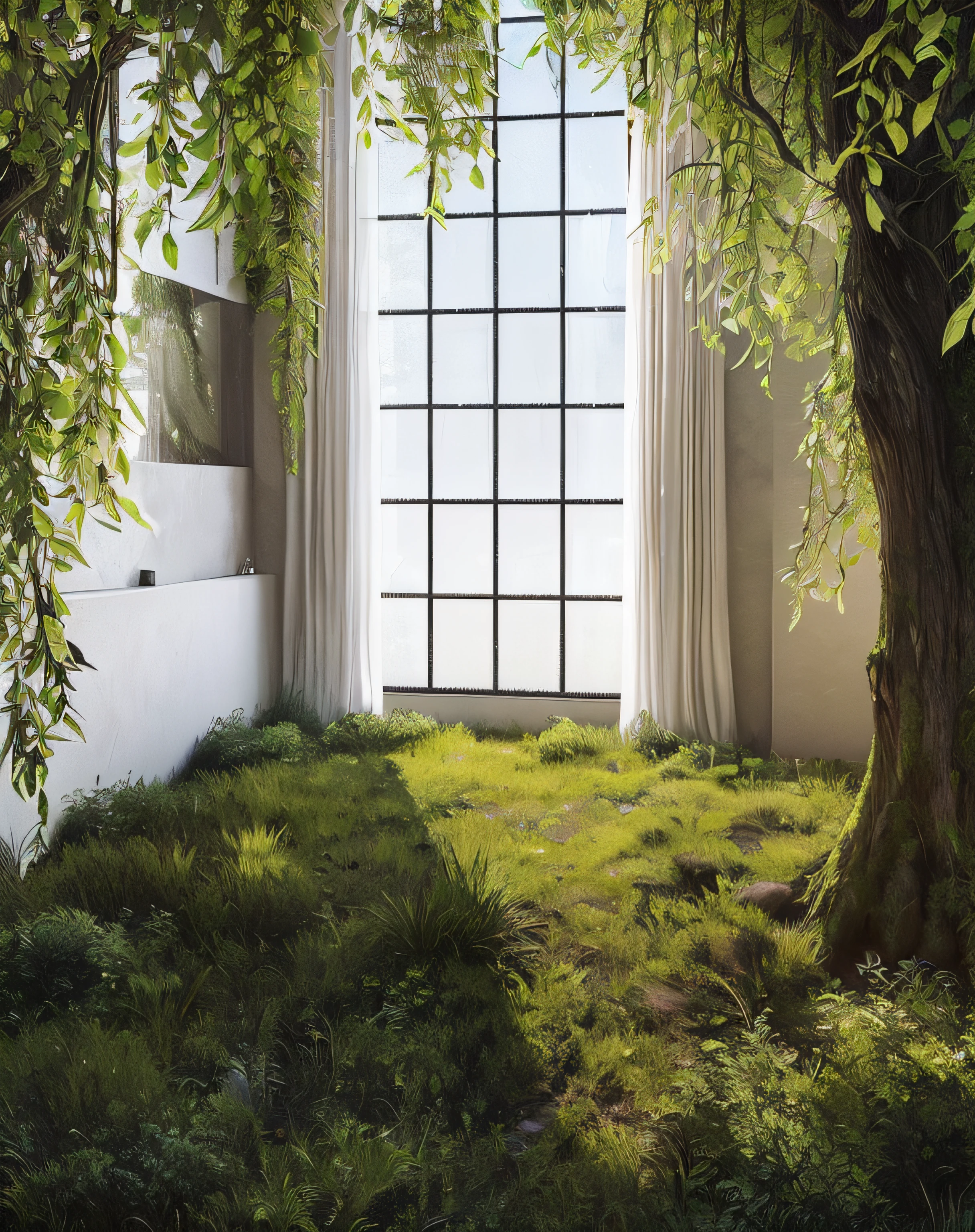 there is a tree in the middle of a room with a window, natural window lighting, natural indoor lighting, dense with greenery, green floor, biophilia mood, hyper-realistic environment, natural realistic render, plants and grass, greenery growing, moss on the walls, relaxing environment, with backdrop of natural light, overgrown environment, enscape render, nature taking over